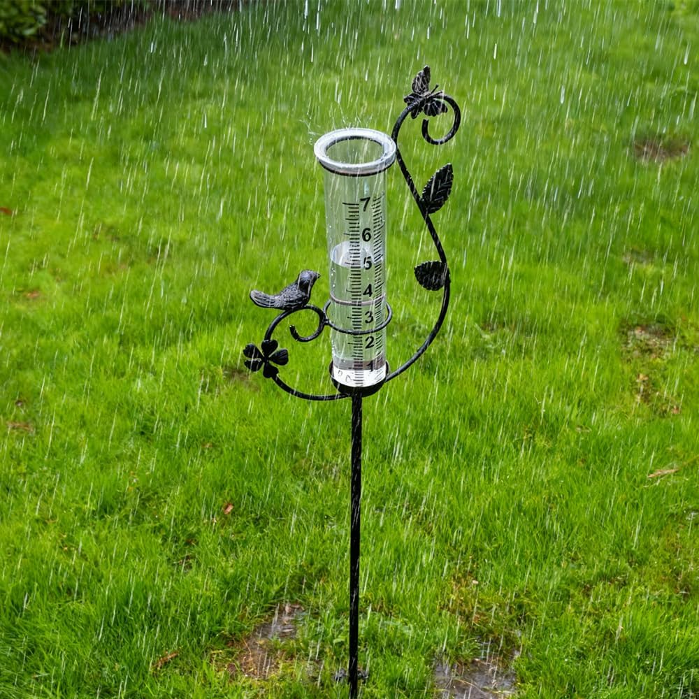 Garden Rain Gauge with Metal Stake, Bird and Butterfly Design, Glass Tube with Measurement Markings, Outdoor Yard Decor