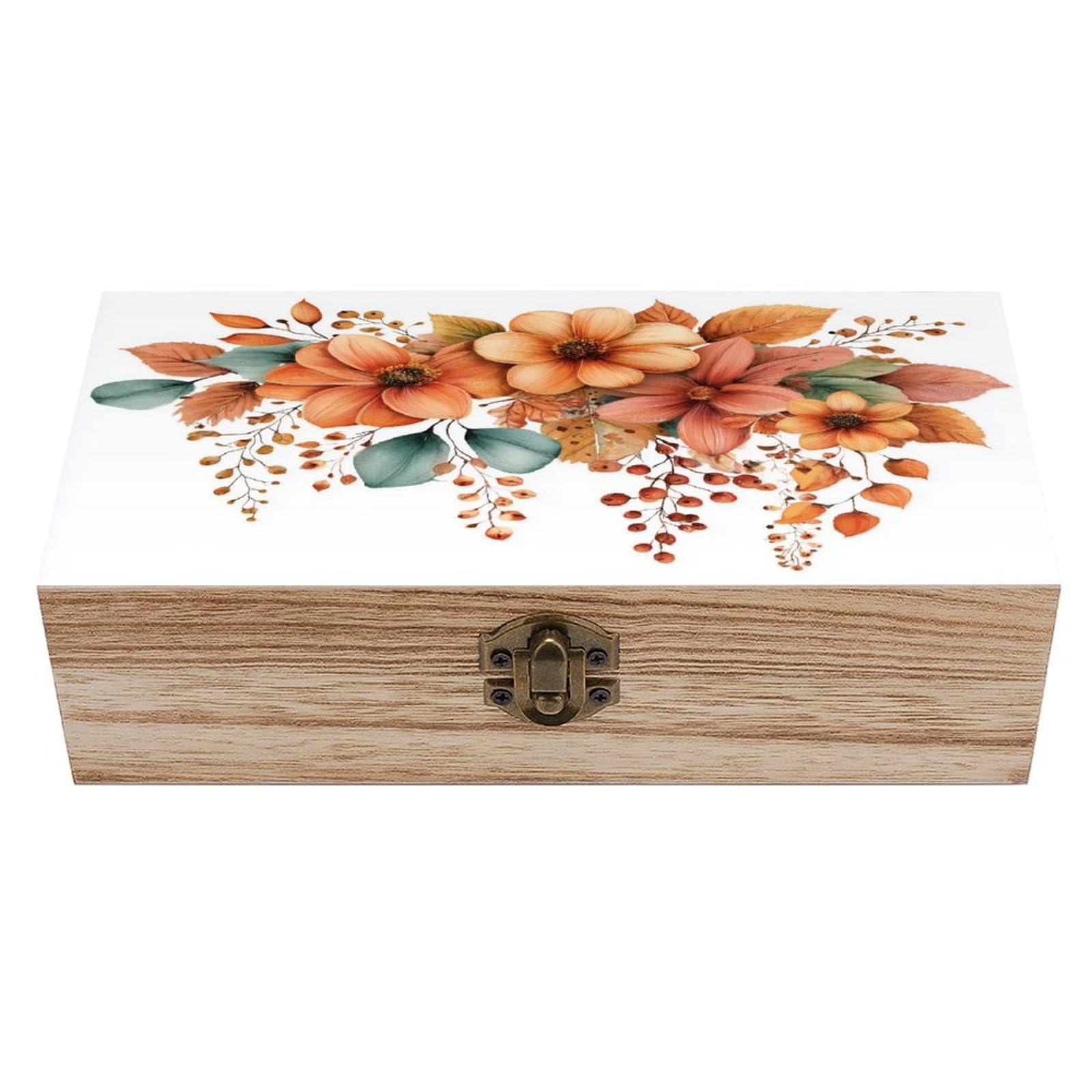 Ahdyr Watercolor Autumn Leaves And Flowers Wooden Storage Box with Hinged Lid And Front Clasp Large Keepsake Box