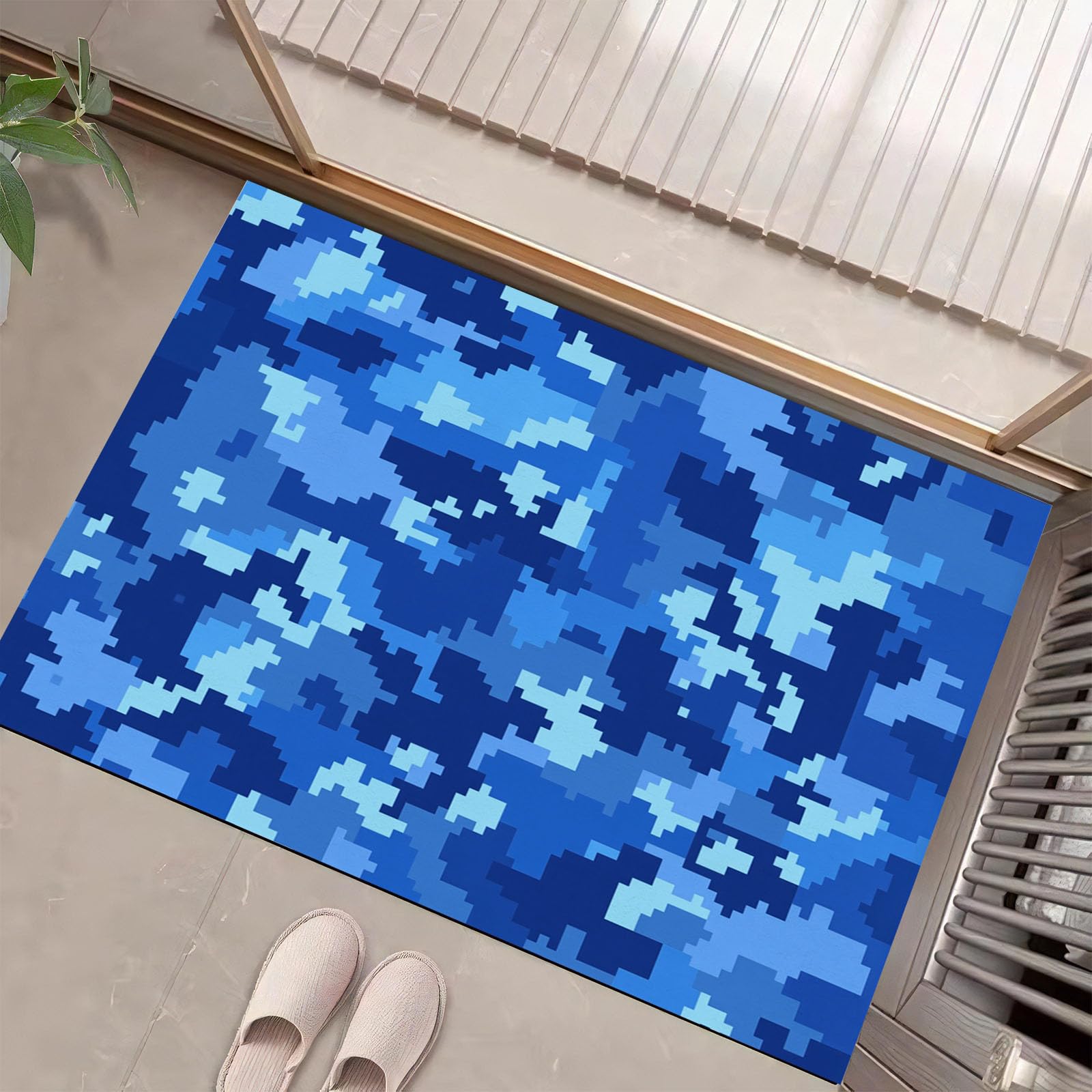 Tapis entrée intérieur haut de gamme bleu motif camouflage abstrait