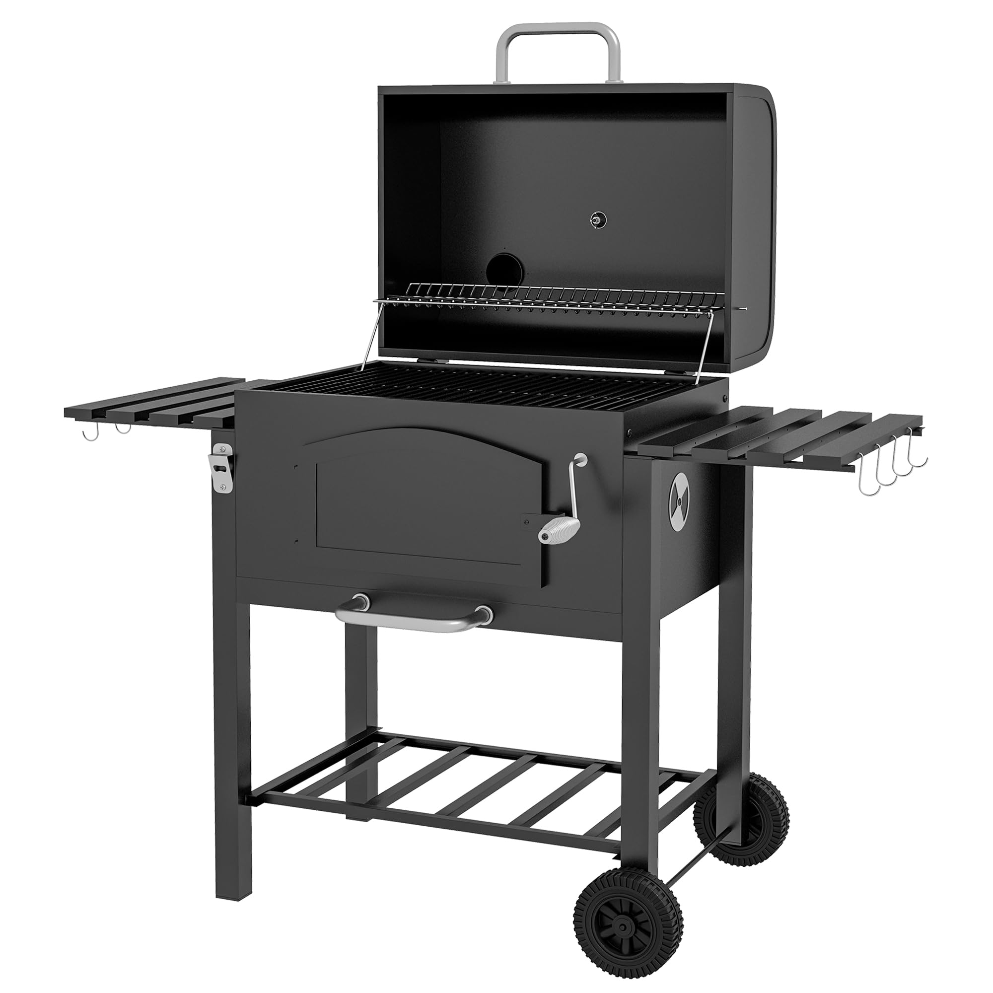 Outsunny Black Charcoal Grill Bbq Trolley With Adjustable Charcoal Height, Charcoal Stove For Pot, Garden Smoker Barbecue With Folding Shelves, Thermometer On Lid, Bottle Opener And Wheels