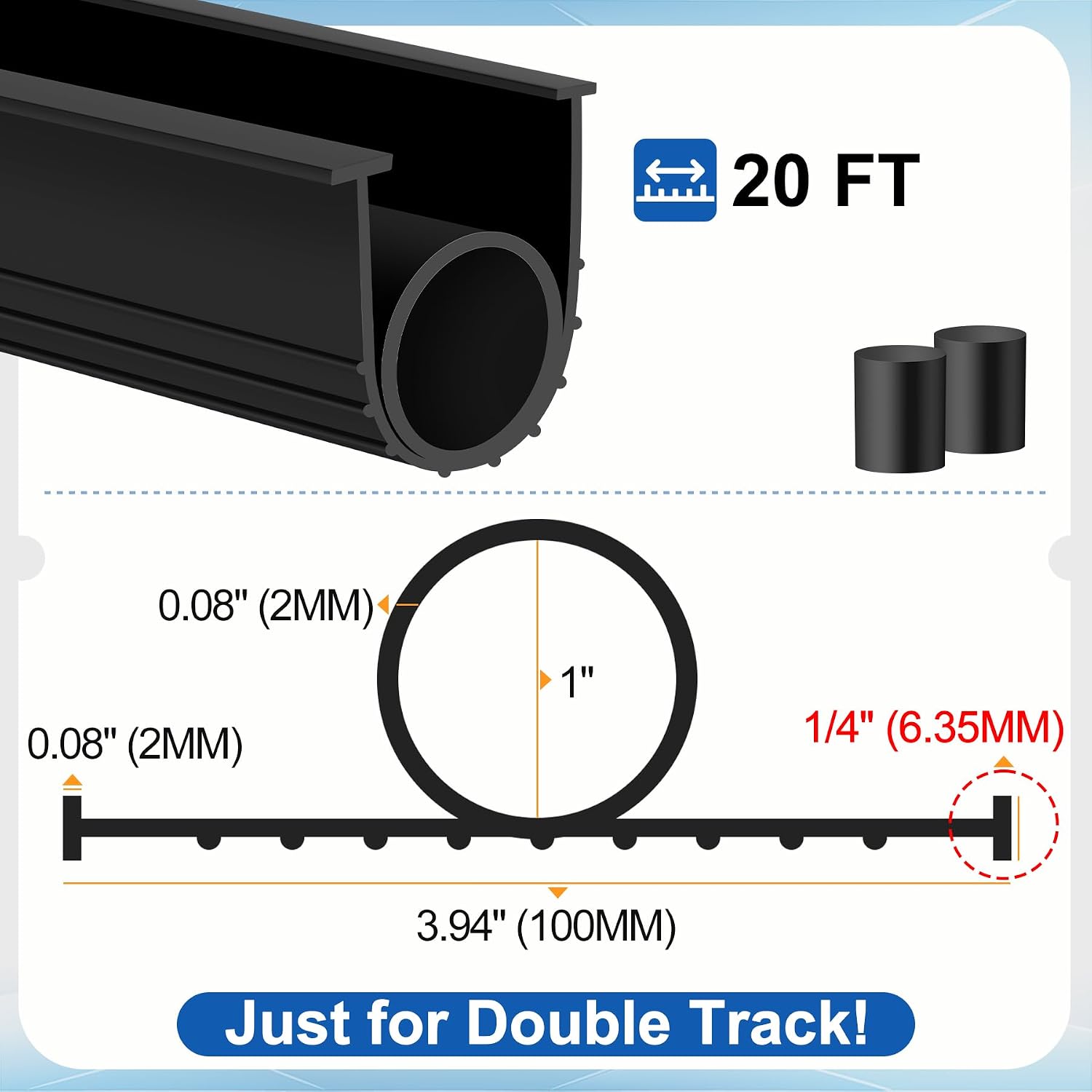 MYFAMIREA Garage Door Bottom Seals Rubber 20FT Weather Stripping Weatherproof Seal Replacement Strip Kit with 1/4" T Ends & 2 End Plugs, Universal U+O Ring Buffering Sealing for Double Track, Black