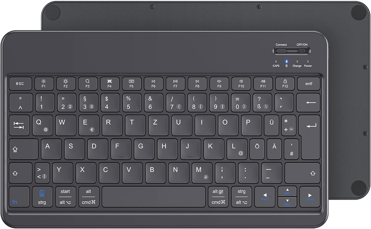 Emetok Deutsche Bluetooth Tastatur, ultradünn, für iPad/Android, Schwarz