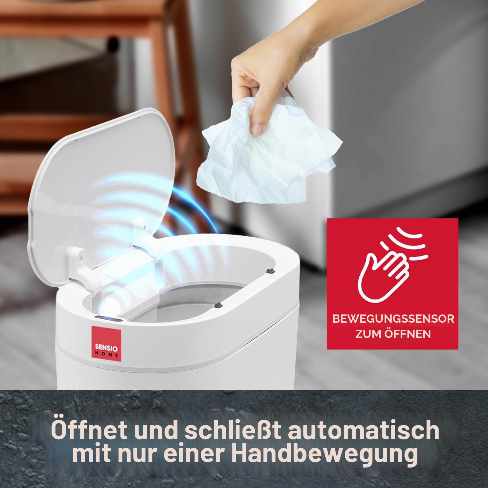 Sensio Home 5 Liter wasserdichter Mülleimer mit Bewegungsmelder, Mülleimer mit automatischem Deckel, automatischer Mülleimer für Schlafzimmer, Küche, Bad, Wohnzimmer, Büro, weiß mit grauem Rand