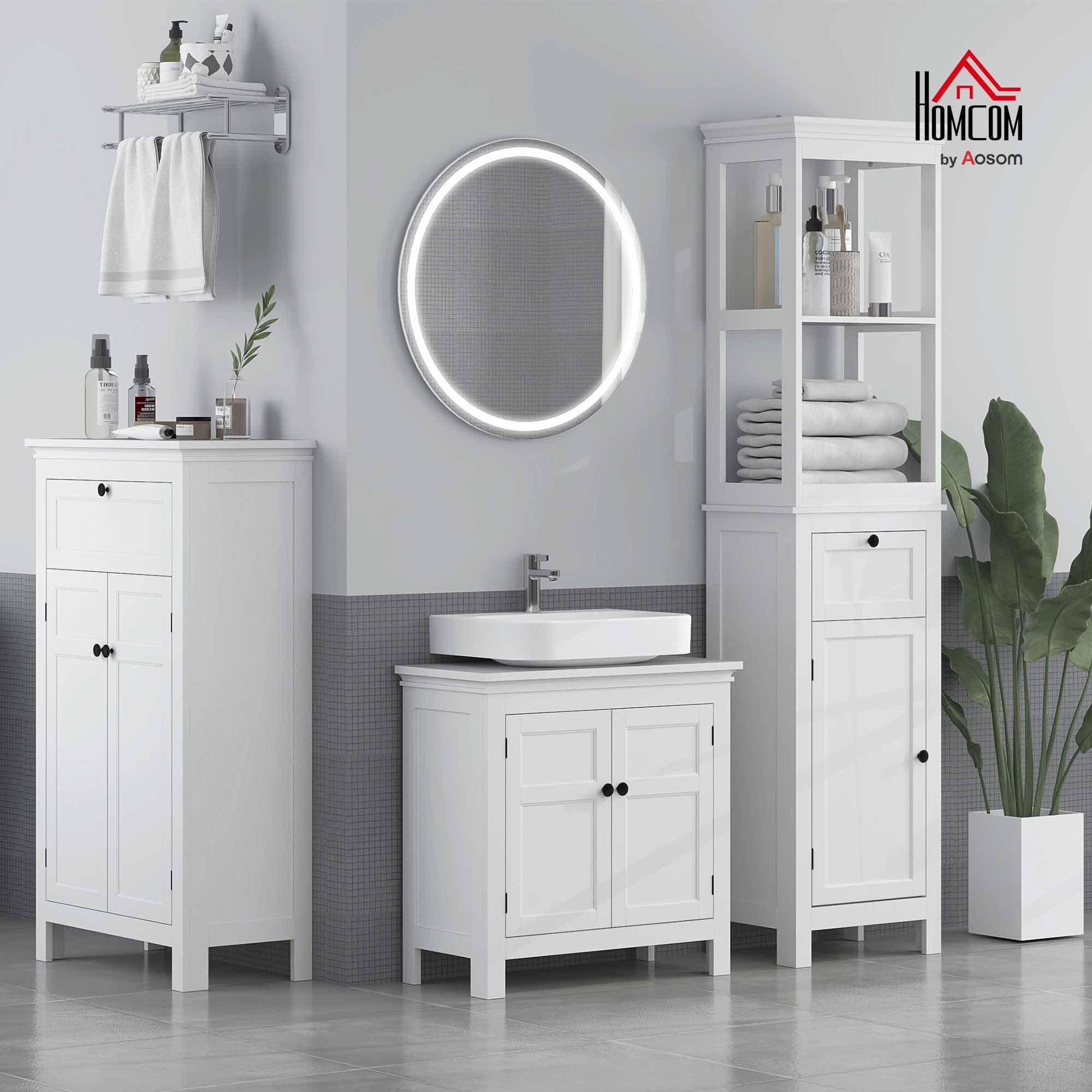 HOMCOM Columna de Baño Armario de Baño 40x30x165 cm con Cajón Puerta Estante Ajustable y 2 Compartimientos Estilo Moderno Blanco