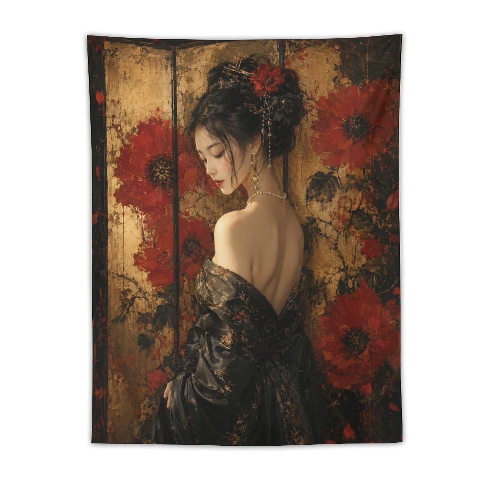 W7C8U2X3 Red Poppy Woman Gold Wall Tapestry, Impressionist Style, Office