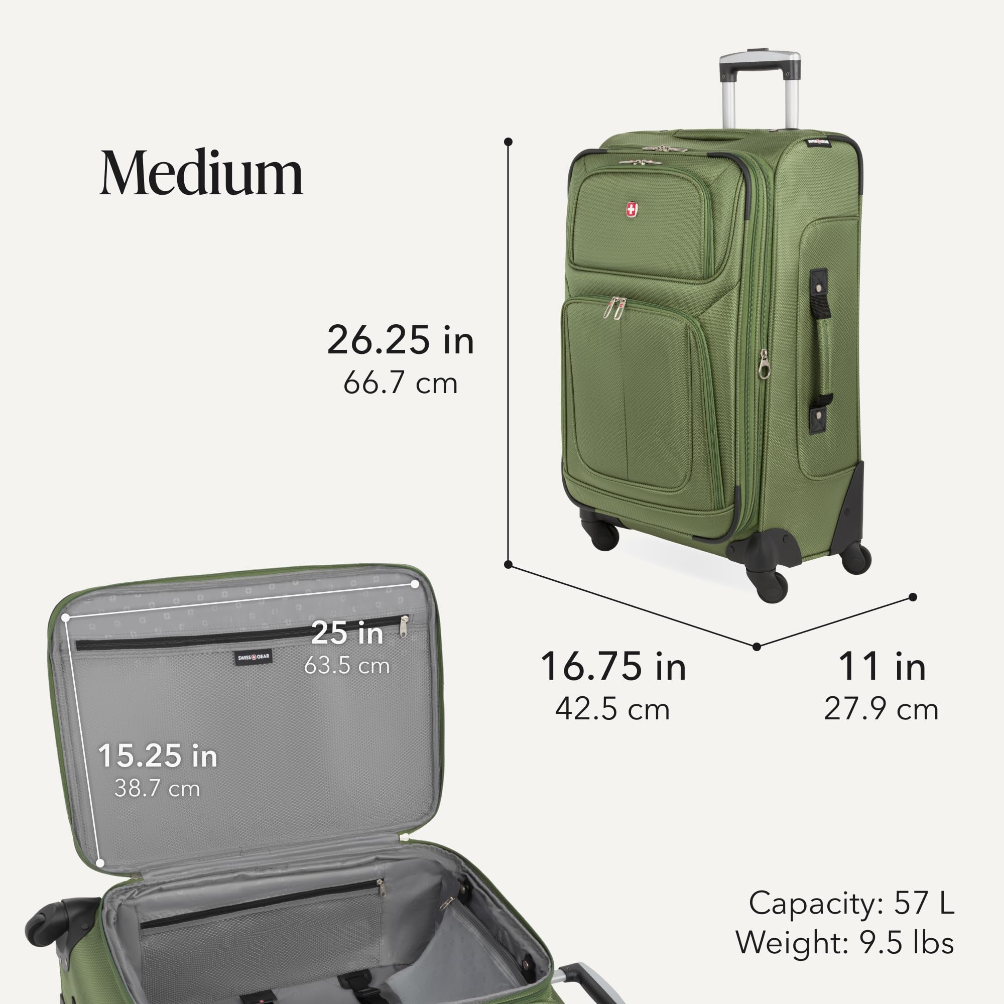 SWISSGEAR Sion Softside Expandable Spinner Luggage Durable Lightweight Travel Suitcase, Evergreen, 3-Piece Set (Carry-On/Medium/Large) view 3