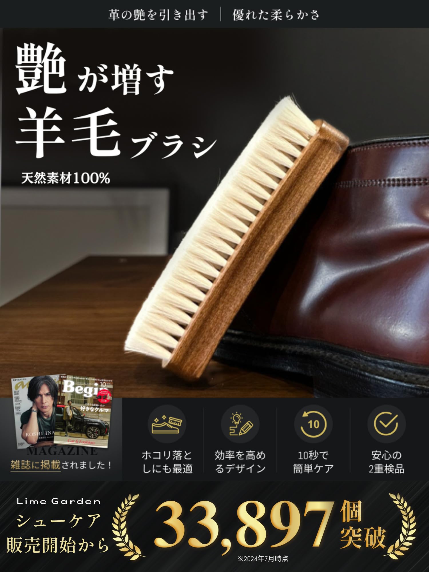 Amazon | 艶が増す仕上げ用 羊毛 ブラシ 靴 革 レザー 用品 鏡面 磨き