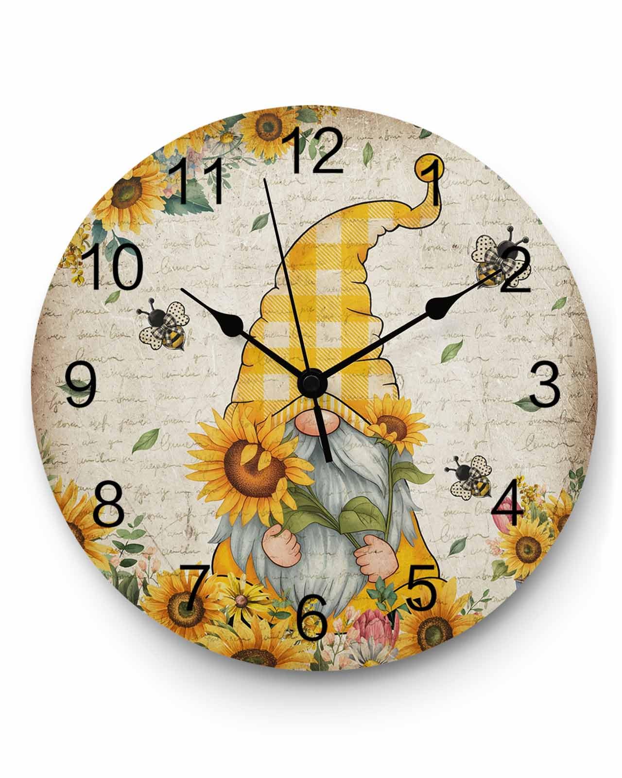 Ensound Wall Clock Ellow Sunflower Gnome Clocks Wooden Silent Non-Ticking Battery Operated Decorative Bee Farmhouse Vintage Round Clock for Home Living Room Kitchen Bedroom Office School 12 Inch