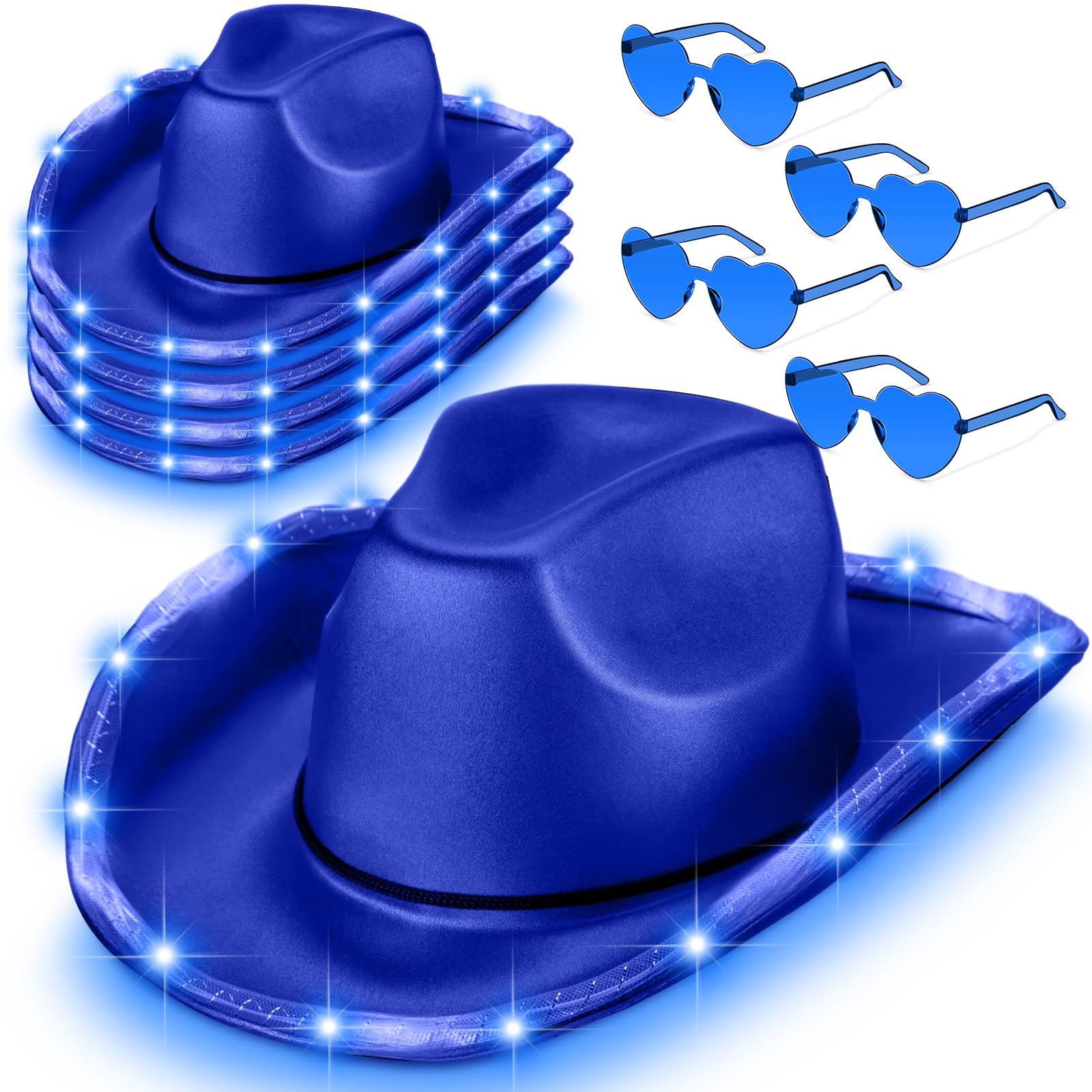 Zhanmai 8 Pieces Cowboy Hat LED Light Up Hat and Heart Sunglasses Sparkly Space for Cowgirl Women Halloween Costume