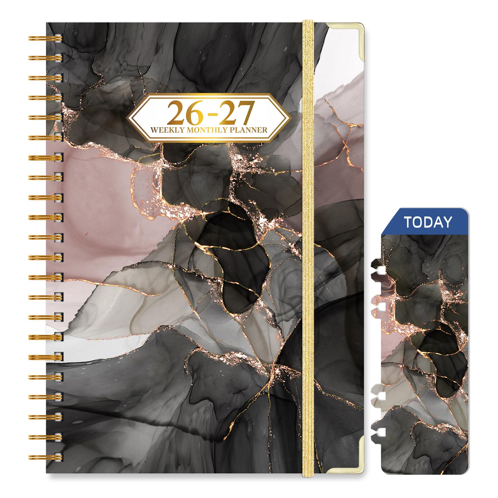 Knagsfa 2026-2027 Planner, Jul.2026-Jun.2027 Planner Weekly and Monthly 6.25"x8.5" with Page Tabs, Calendar Hardcover with Inner Pocket, Elastic Band, Twin-Wire Binding, Bookmark, Black Pink Marble