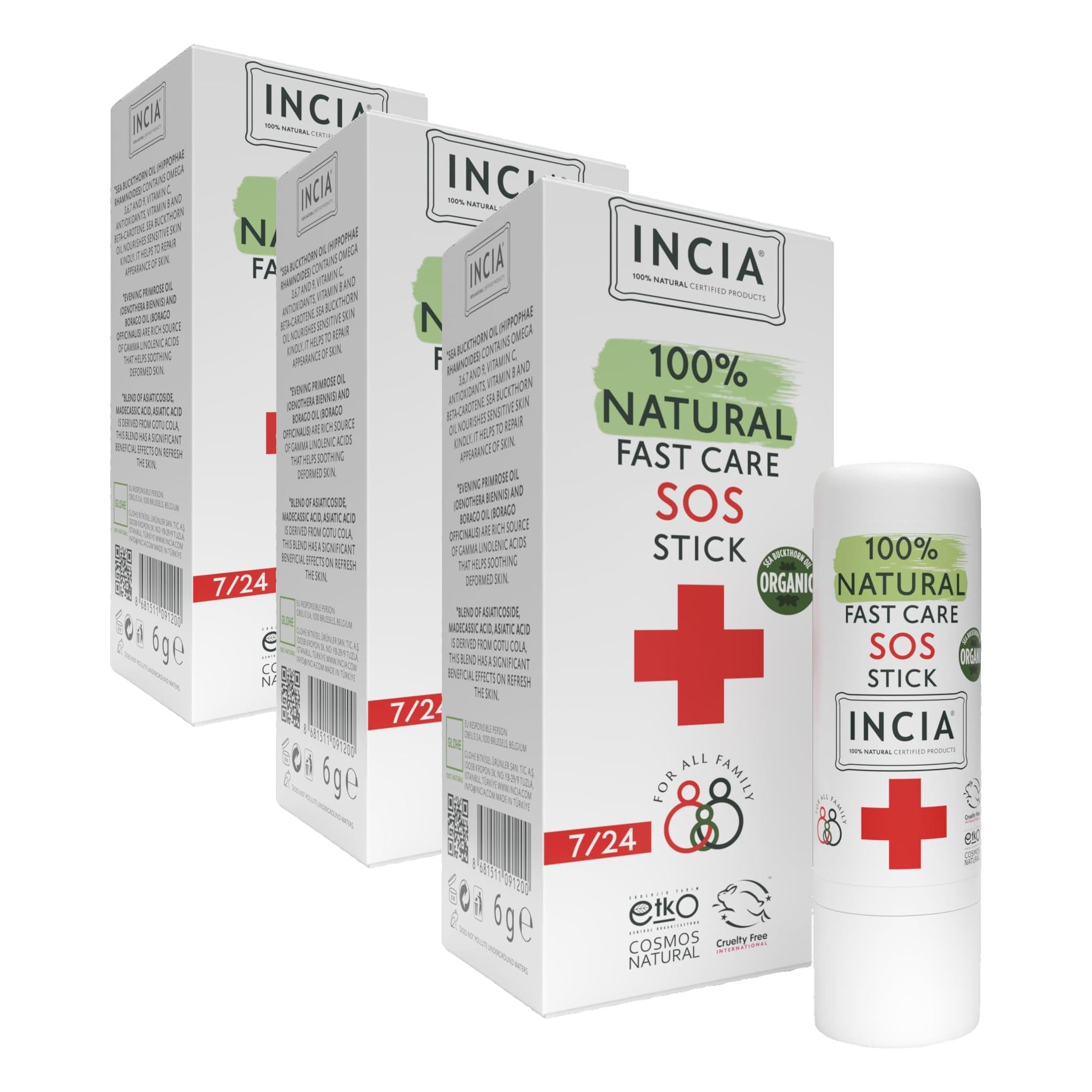 INCIA%100 Doğal Sos Stick Anlık Yatıştırıcı Organik Yalancı İğde Hızlı Koruma Bitkisel 6 G (3 paketi)