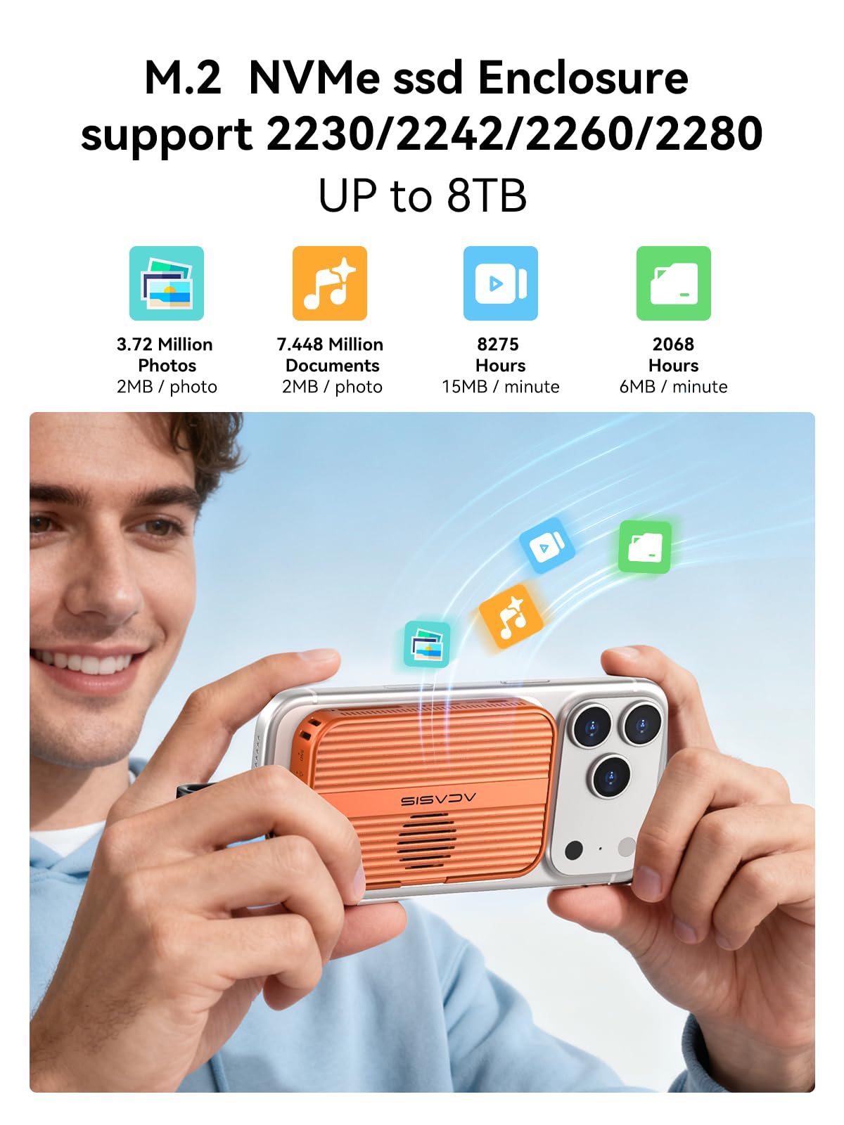 ACASIS 10 Gbps Magnetic M.2 NVMe SSD Enclosure & USB C Docking Station with Cooling Fan for iPhone 17/16/15 Pro/Pro Max/Plus, Tool Free Installation, Support SSD Size 2230/2242/2260/2280 B+M M-Key