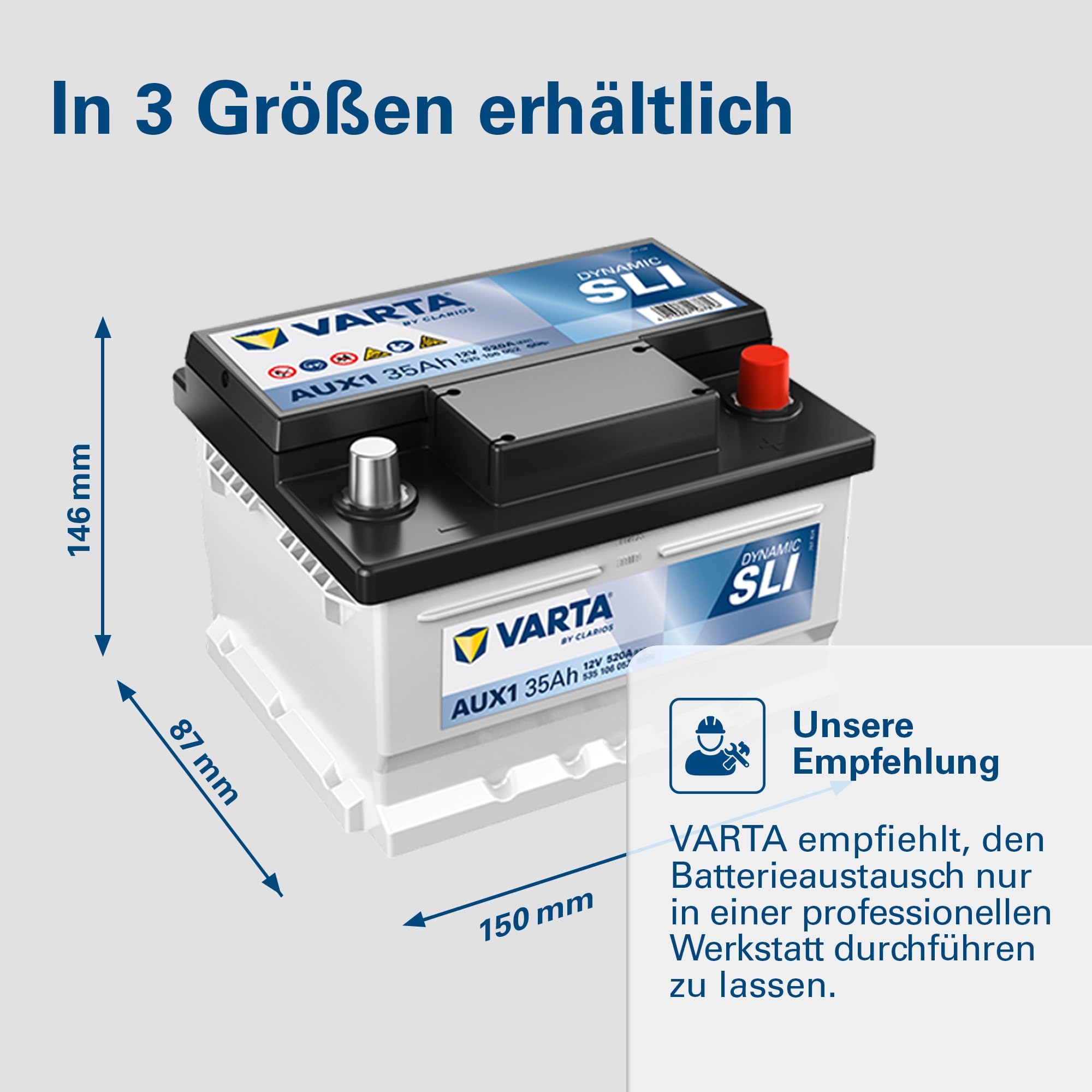 VARTA Automotive DYNAMIC SLI Auxiliary AGM (AUX1) 12V 35Ah 520A - Stützbatterie Nassbatterie für KFZ - Zusätzliche Starterbatterie für Autos mit hohem Energiebedarf - Wartungsfreie Bleisäurebatterie