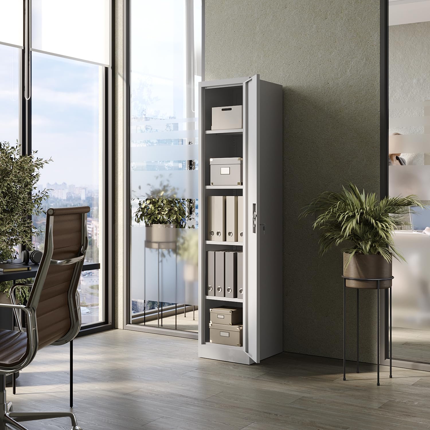 Muralo Metallschrank mit 4 verstellbaren Fachböden Abschließbar - Hellgrau | Aktenschrank 185x40x45 cm mit Sicherheitszylinderschloss, Belastbar bis 50 kg, Pulverbeschichtung, ideal für Büro, Werkstatt