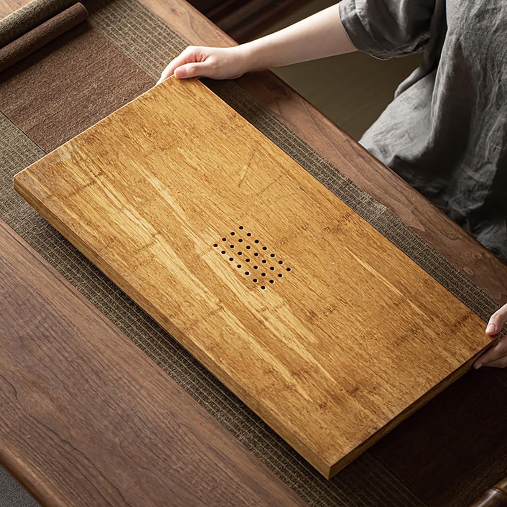 PA-DABAOO Rustic Bamboo Tea Tray,Chinese Gongfu Tea Serving Tray,Suitable for Dry-Brewing Method/Wet-Brewing Method,Rectangular Serving Trays with Drain Hole & Water Storage Chassis