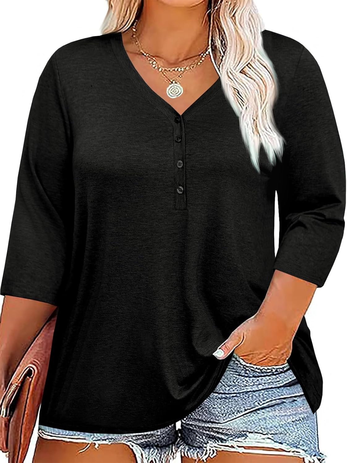 Tankaneo Women Plus Size Tops V Neck 3/4 Sleeve Casual T Shirts Loose Basic Tunic Tees