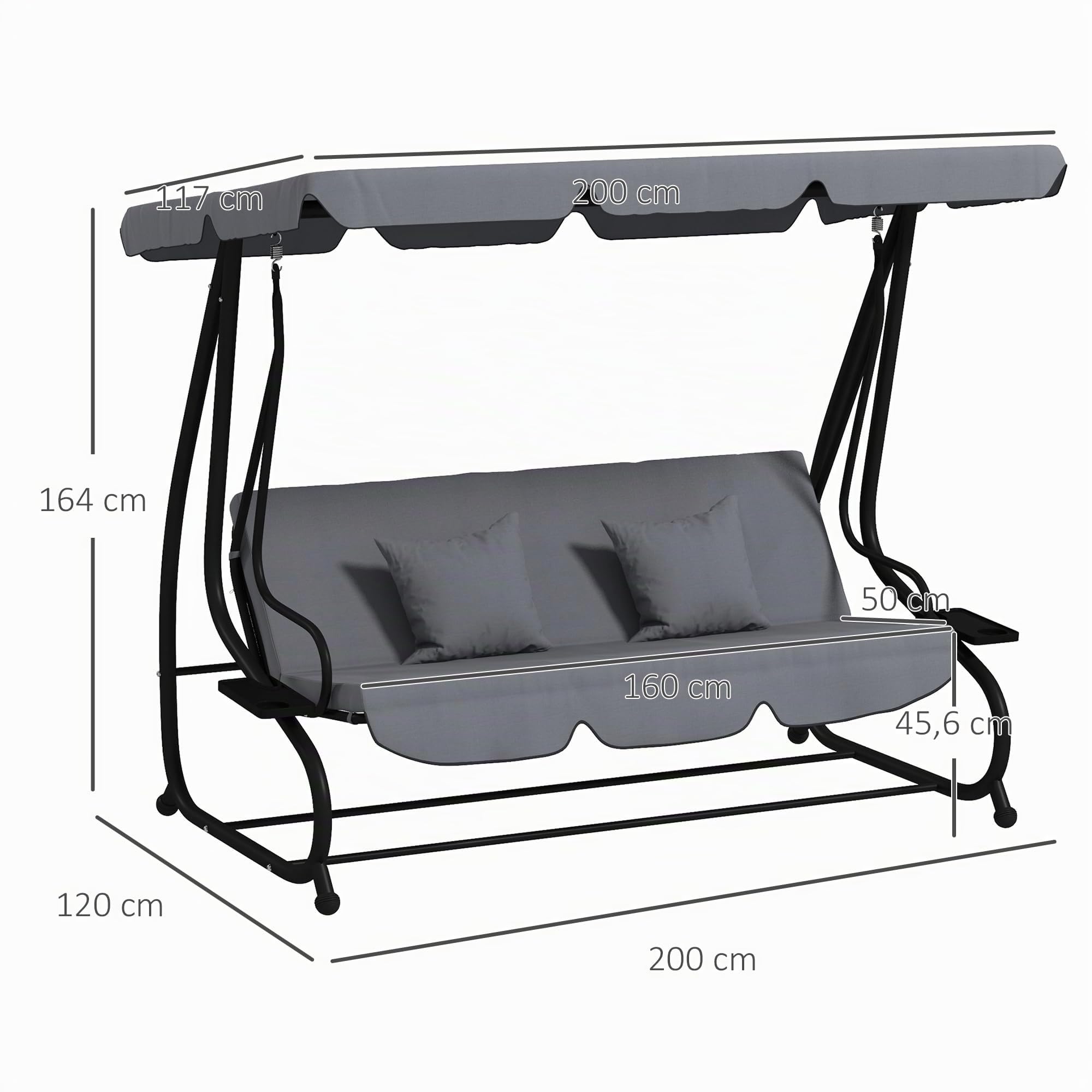 Outsunny Altalena da giardino convertibile a 3 posti Tetto regolabile inclinazione 2 ripiani Supporto 2L x 1,2l x 1,64H m metallo epossidico Nero Poliestere grigio scuro
