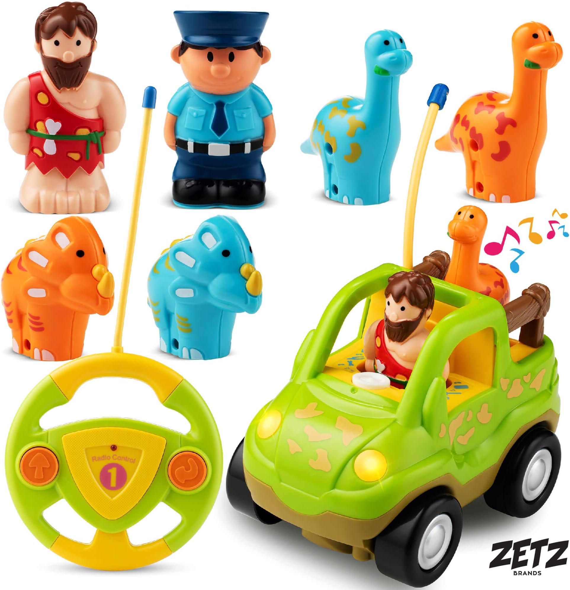 Zetz Brands Remote Control Dino Toy Car Set - with Dinosaur Figures, Watchman & Caveman - Includes 4 Dinosaur Toys for 3 Year Olds & Up | RC Cars for Boys Learning Toys with Plastic Dinosaur for Kids