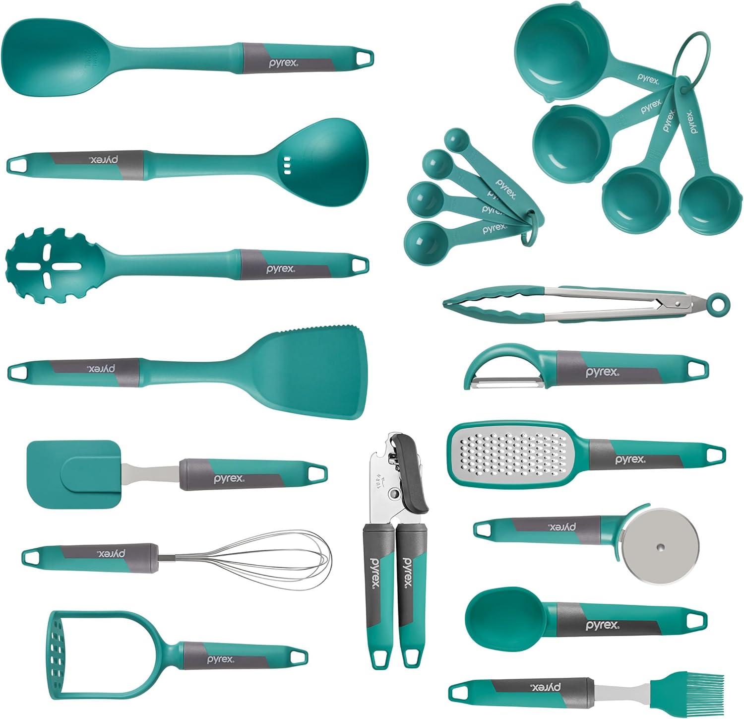 Pyrex (22-Piece) Silicone Kitchen Cooking Utensils Set, Non-Stick Silicone Cooking Gadgets, Spatulas, Pizza Wheel, Grater, Measuring, and more