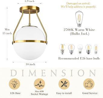 Bagood 10 Modern Semi Flush Mount Ceiling Light Fixture Mid Century Ceiling Light Globe Ceiling Light Fixture with Milk Glass Shade Brass Finish for Kitchen Island Hallway Living Room (Bulb Incl.)