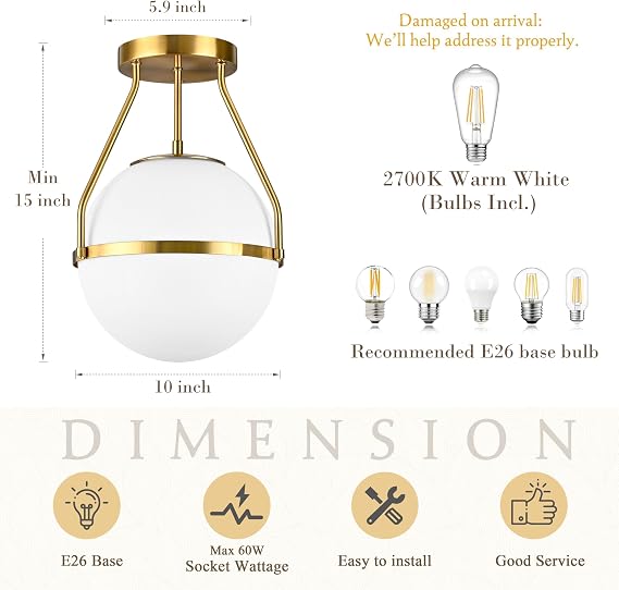 Bagood 10 Modern Semi Flush Mount Ceiling Light Fixture Mid Century Ceiling Light Globe Ceiling Light Fixture with Milk Glass Shade Brass Finish for Kitchen Island Hallway Living Room (Bulb Incl.)