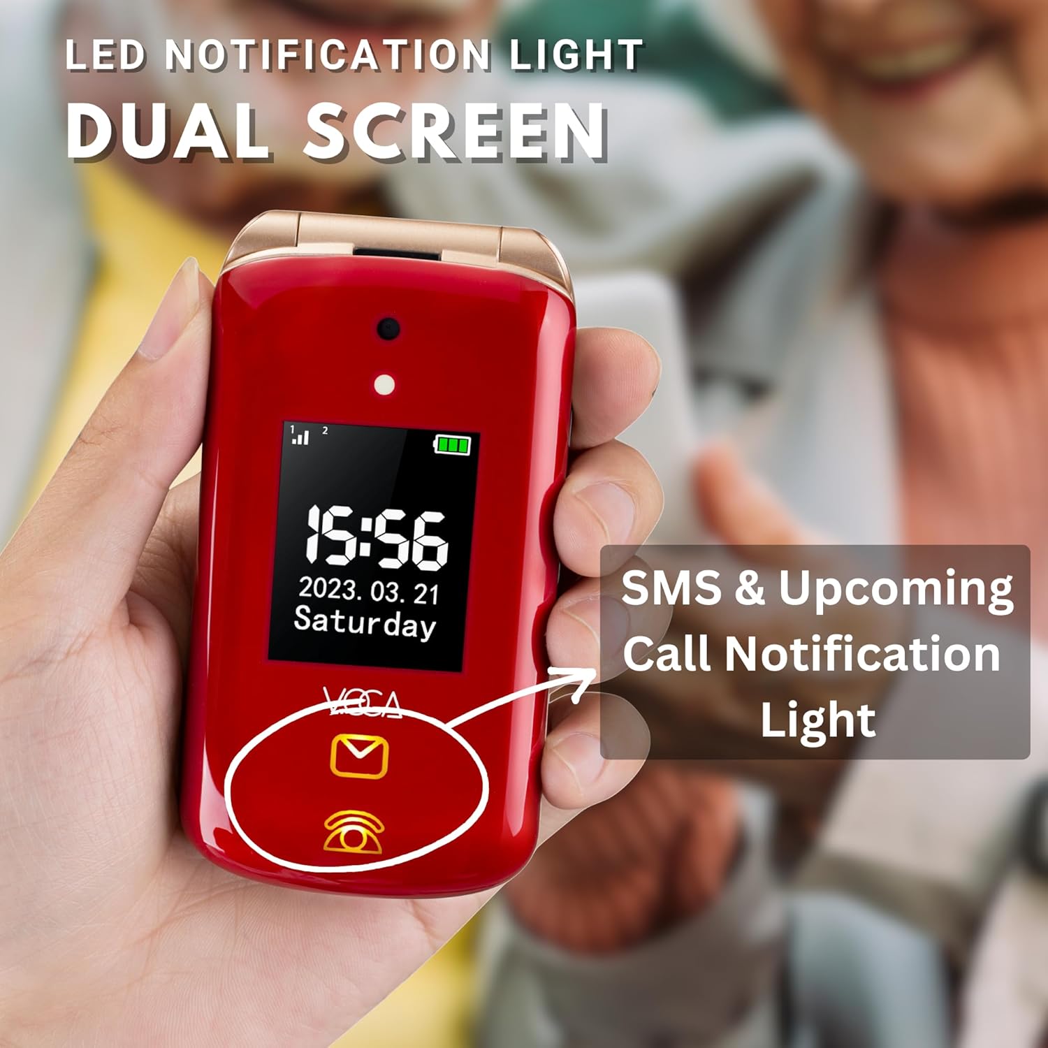 VOCA V543 Flip Phone closed, showing the external screen displaying time and date, with an arrow pointing to the LED notification light for SMS and calls.