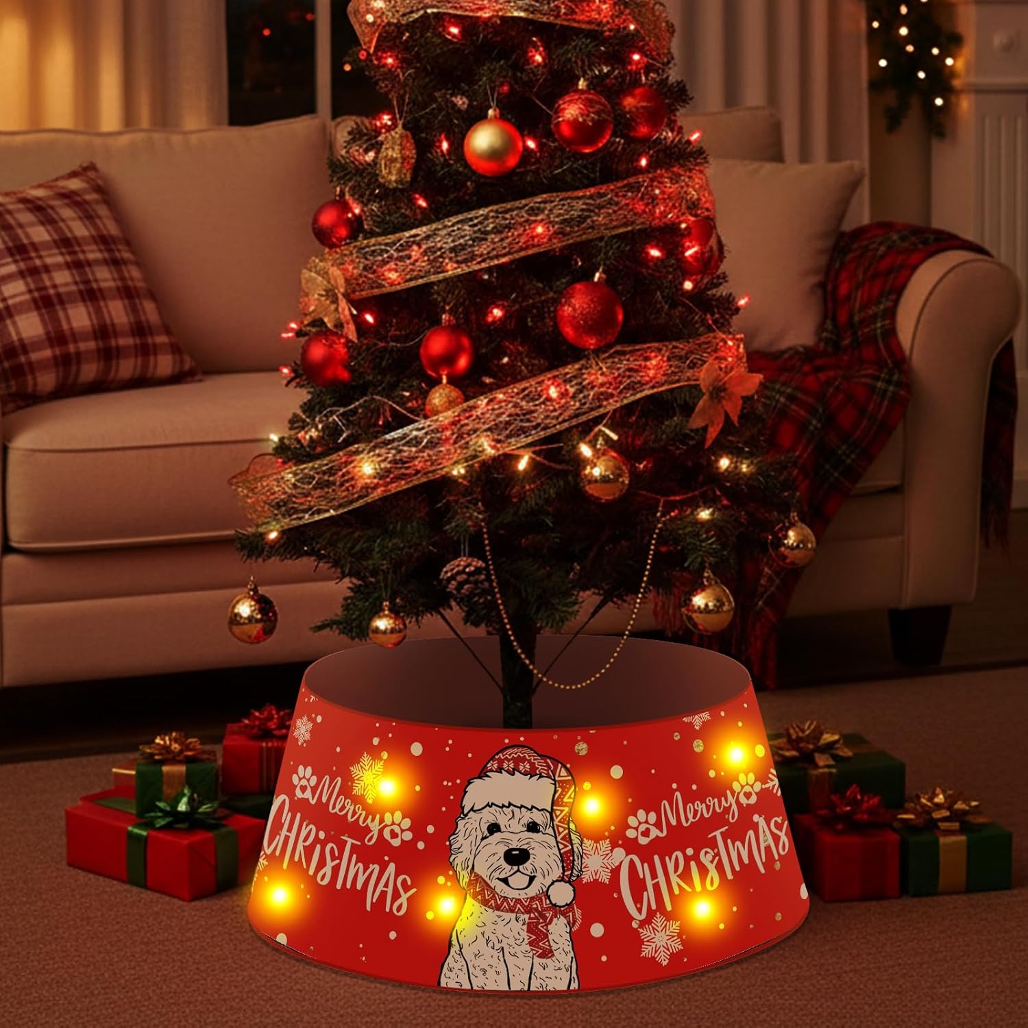 Dog Christmas Tree Collar Golden Doodle Christmas Decor Red Tree Skirt with LED Light Ring Base Cover for Christmas Trees Decoration Holiday Indoor Outdoor