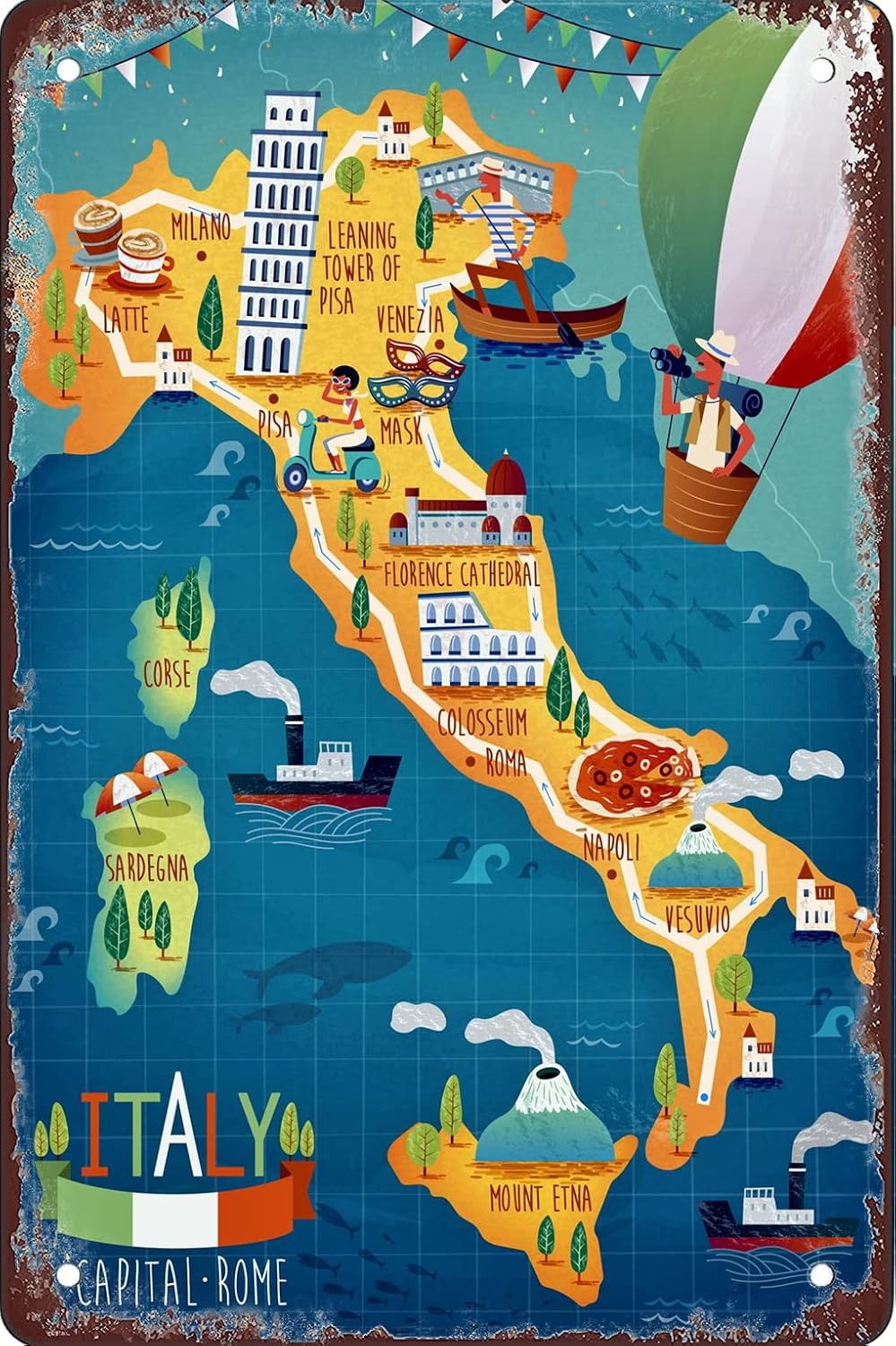 Italy Map Sights 8x12 Inch Retro Decorative Sign Metal Tin Sign Room Decorative Wall Art Bar Retro World Travel Poster Wall Decoration