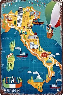 Italy Map Sights 8x12 Inch Retro Decorative Sign Metal Tin Sign Room Decorative Wall Art Bar Retro World Travel Poster Wall Decoration