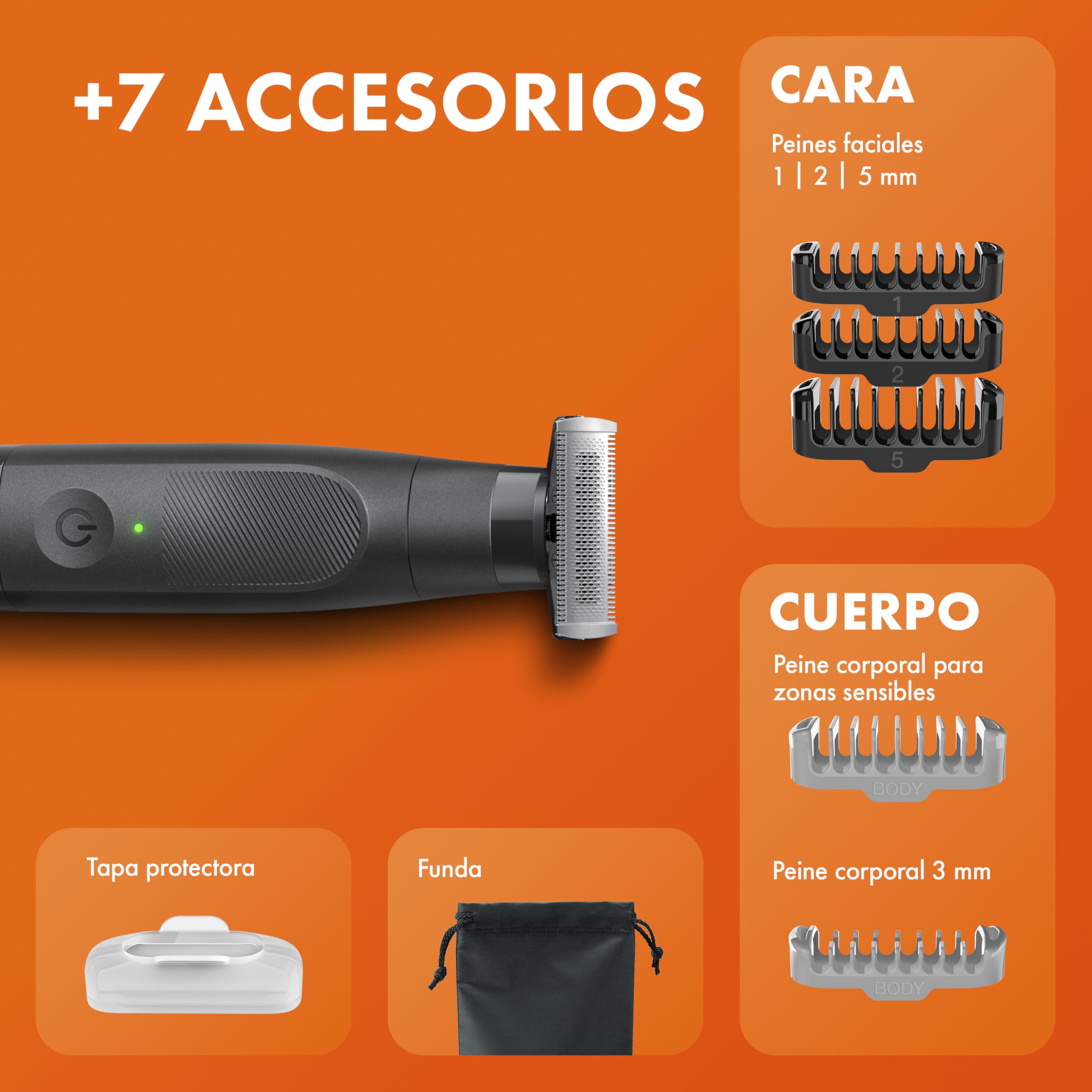 Gillette Fusion One Recortadora de Barba Y Afeitadora Corporal, Barbero Todo en Uno para Cara Y Cuerpo, Cabezal Pivotante, 4 Peines, Funda, Resistente al Agua, Inalámbrica, 45 Min de Uso, Negro