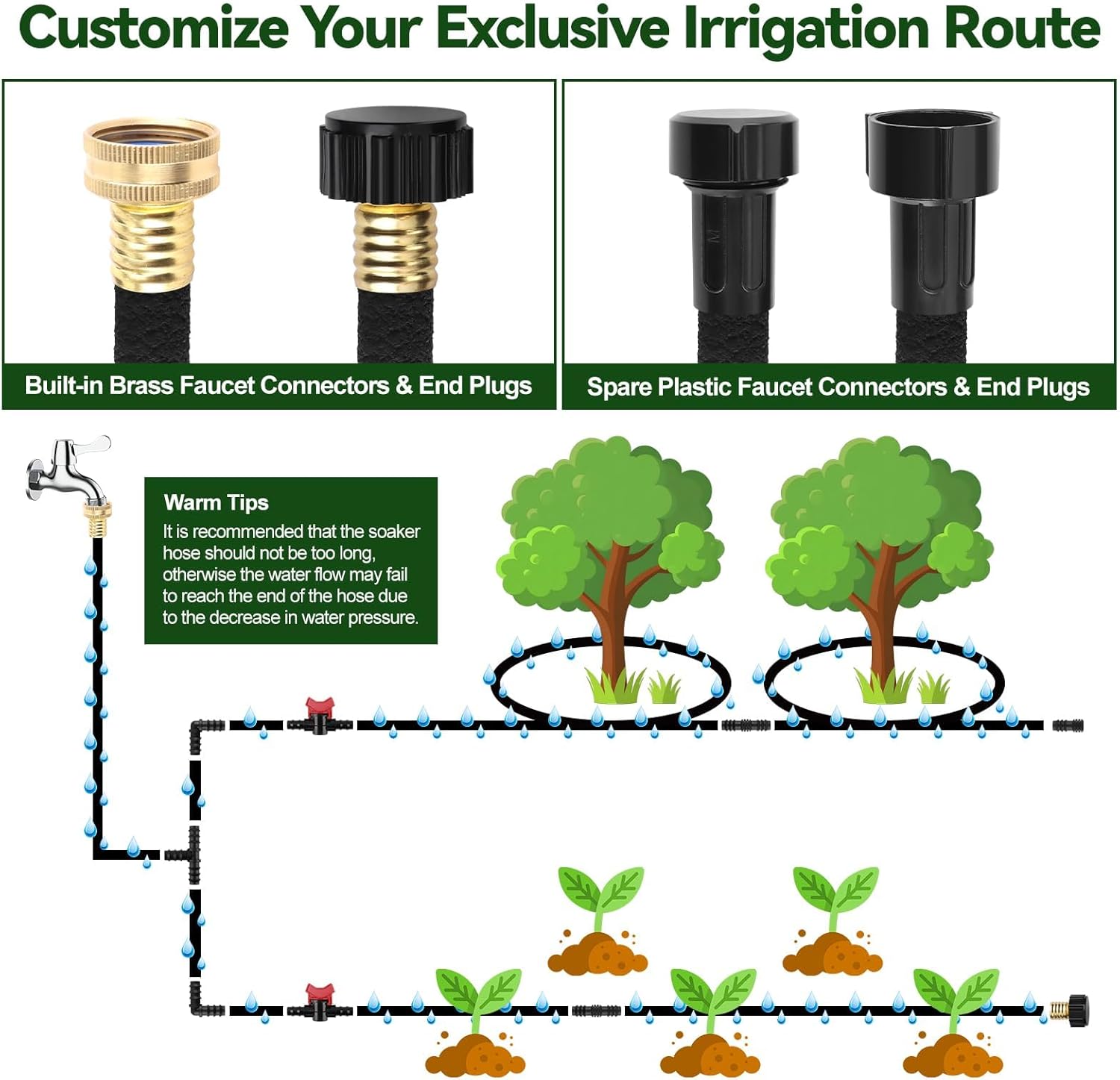 Kalolary 100FT Soaker Hose Kit 1/2" Drip Hose for Garden 80% Water Saving Drip Hose with Connectors Valve End Plug Drip Irrigation System Kit for Flower Bed Lawn Garden