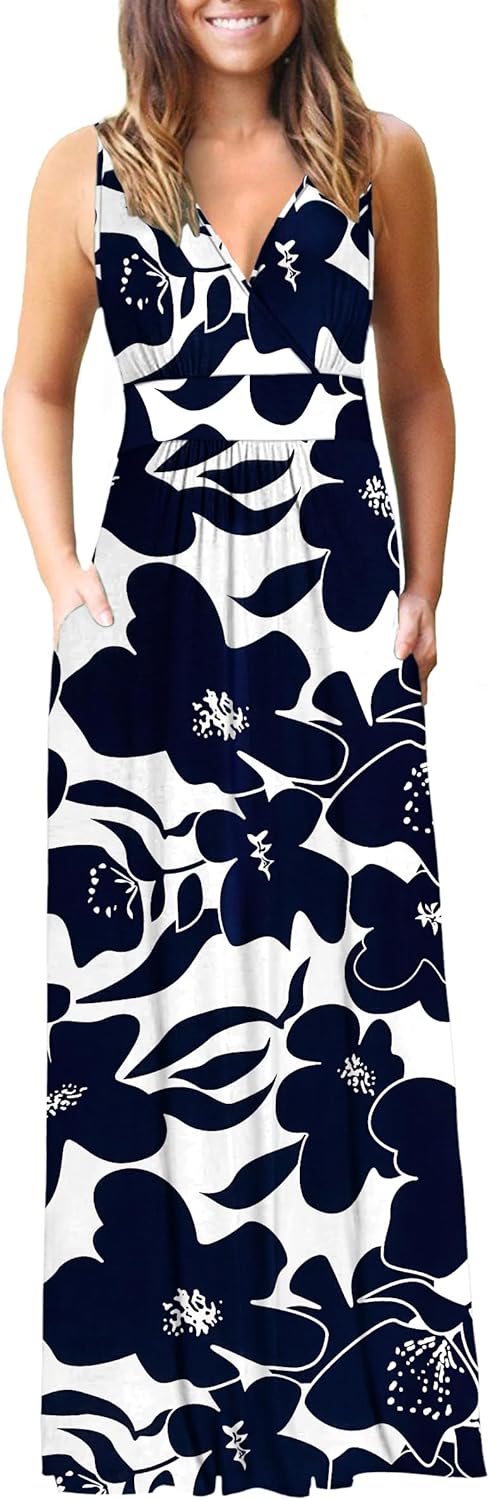 AUSELILY Women's Sleeveless Formal Dress Deep V Neck Loose Plain Cocktail Long Maxi Dresses with Pockets 2026 New