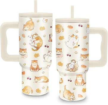 Cat Lovers Gifts for Women - 24oz Insulated Tumbler with Handle & Straw - Cute Cats Pattern Stainless Steel Coffee Cup - Birthday, Christmas, Valentines Day Gift for Cat Mom, Pet Lovers