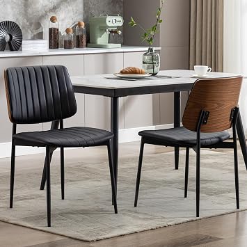 Okeysen Black Leather Dining Chairs Set of 2, Mid Century Modern Dining Chairs Walnut Bentwood,Armless Kitchen Chairs with Metal Legs Adjustable Foot for Dining RoomWalnut Black