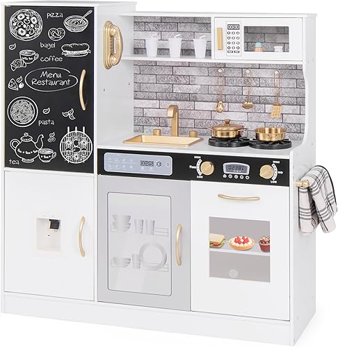 Costzon Juego de cocina para niños, juego de cocina grande de madera con sonidos y luces reales, microondas, pizarra, horno, máquina de hielo,
