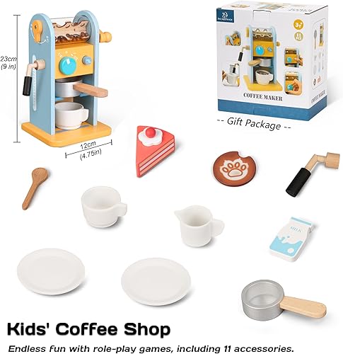 Miniatura 6 de ICEKO - Juego de cafetera de juguete de madera con molinillo - 11 piezas de accesorios de cocina realistas para niños - Juguetes de simulación -