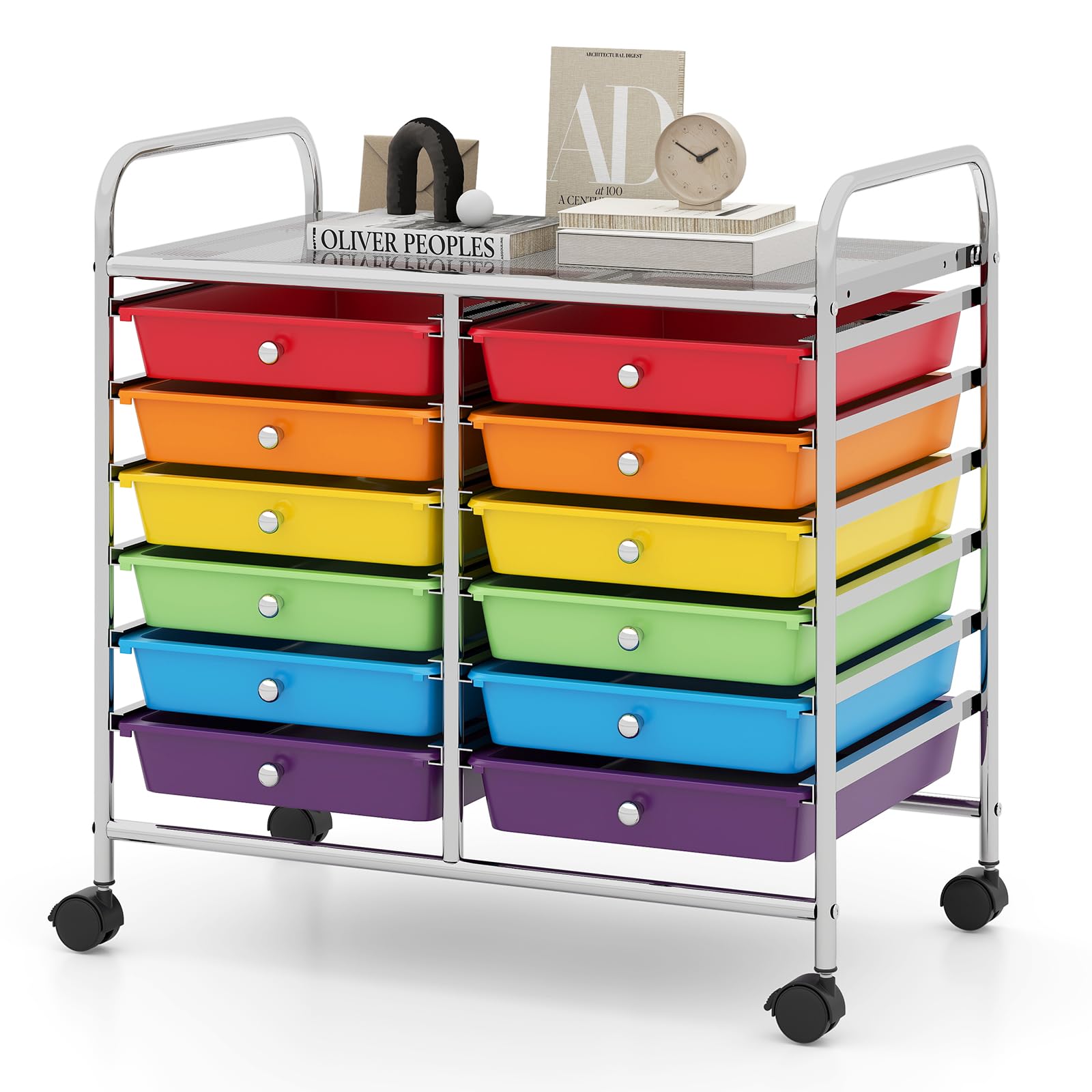 TANGZON 12 Drawers Storage Cart, Rolling Utility Cart with Lockable Wheels, Multipurpose Mobile Trolley Organizer for Home Office Stationery Beauty Salon (Multi-color, 63 x 37 x 63cm)
