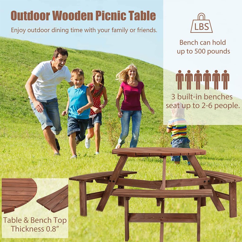 Kids Outdoor Wooden Picnic Table, 6-Person Round Table with 3 Built-in Benches, 35" Dia Patio Dining Table with Umbrella Hole, 1500 lbs Capacity, Camping BBQ Table for Backyard & Garden