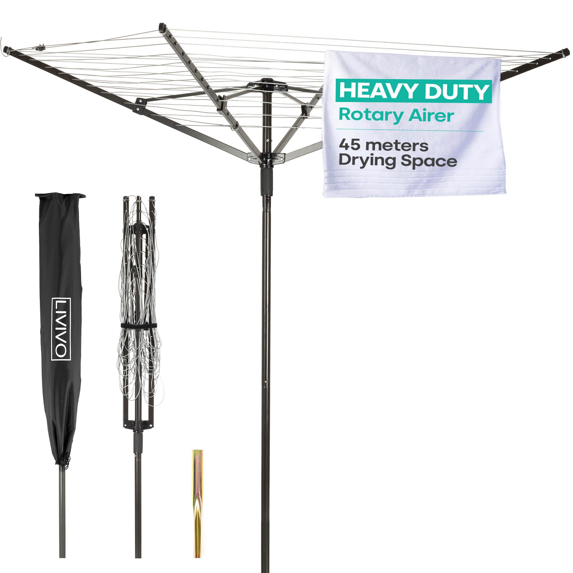 LIVIVO 4 Arm Rotary Washing Line - 45M Outdoor Clothes Line for Outside - Foldable Garden Rotary Outdoor Clothes Dryer Rotary Airer with Free Ground Washing Line Spike and Cover - Black