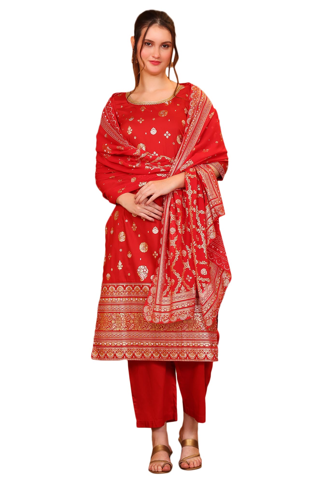 aurelia Women’s Abstract Printed Tape Ornamented Straight Red Kurta, Palazzo and Dupatta Set-picture-39