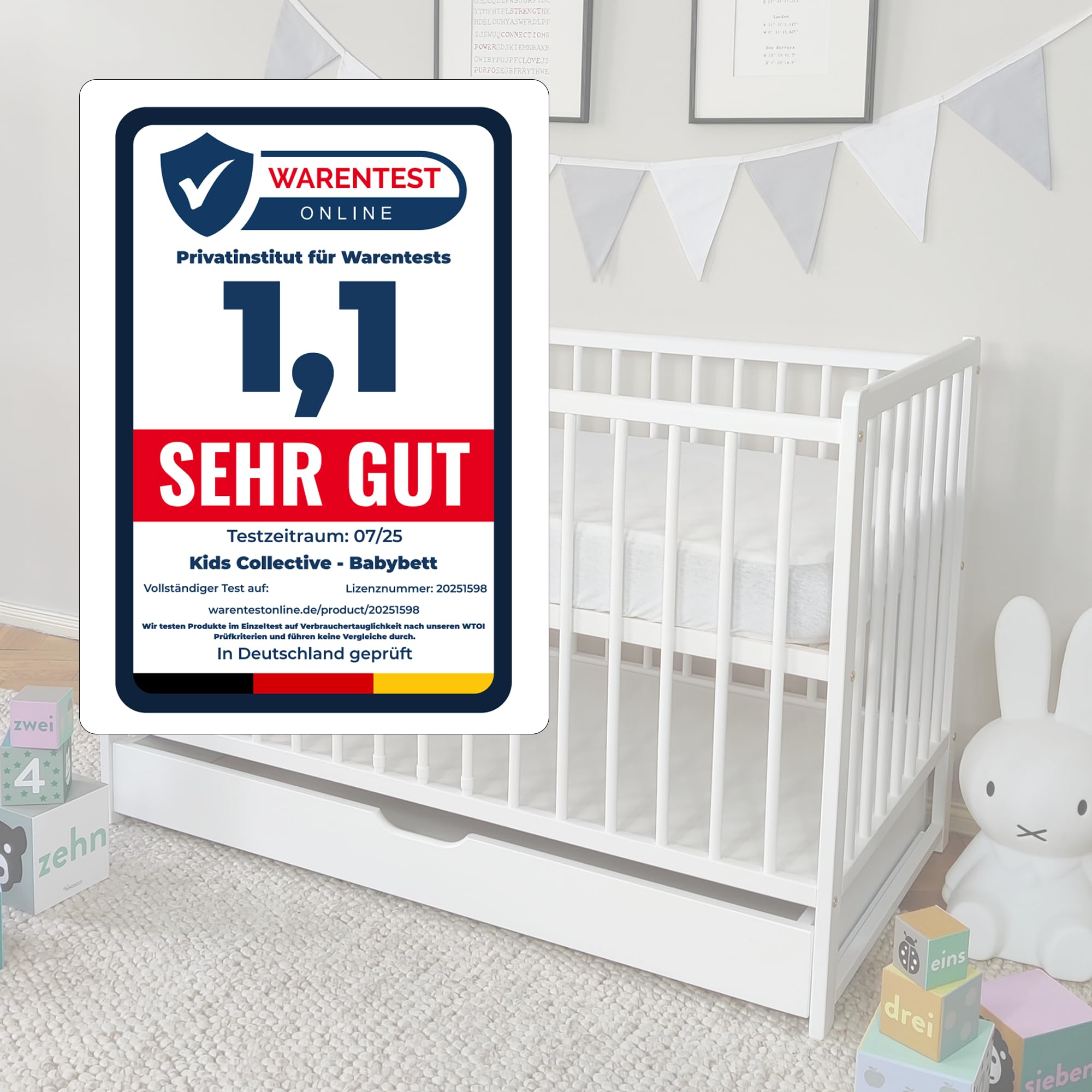 Kids Collective Babybett Kinderbett 60x120 cm Gitterbett Baby Bett Komplett-Set Beistellbett mitwachsend, Lattenrost höhenverstellbar mit abnehmbaren Sprossen, mit Schublade | Kiefer-Vollholz | weiß