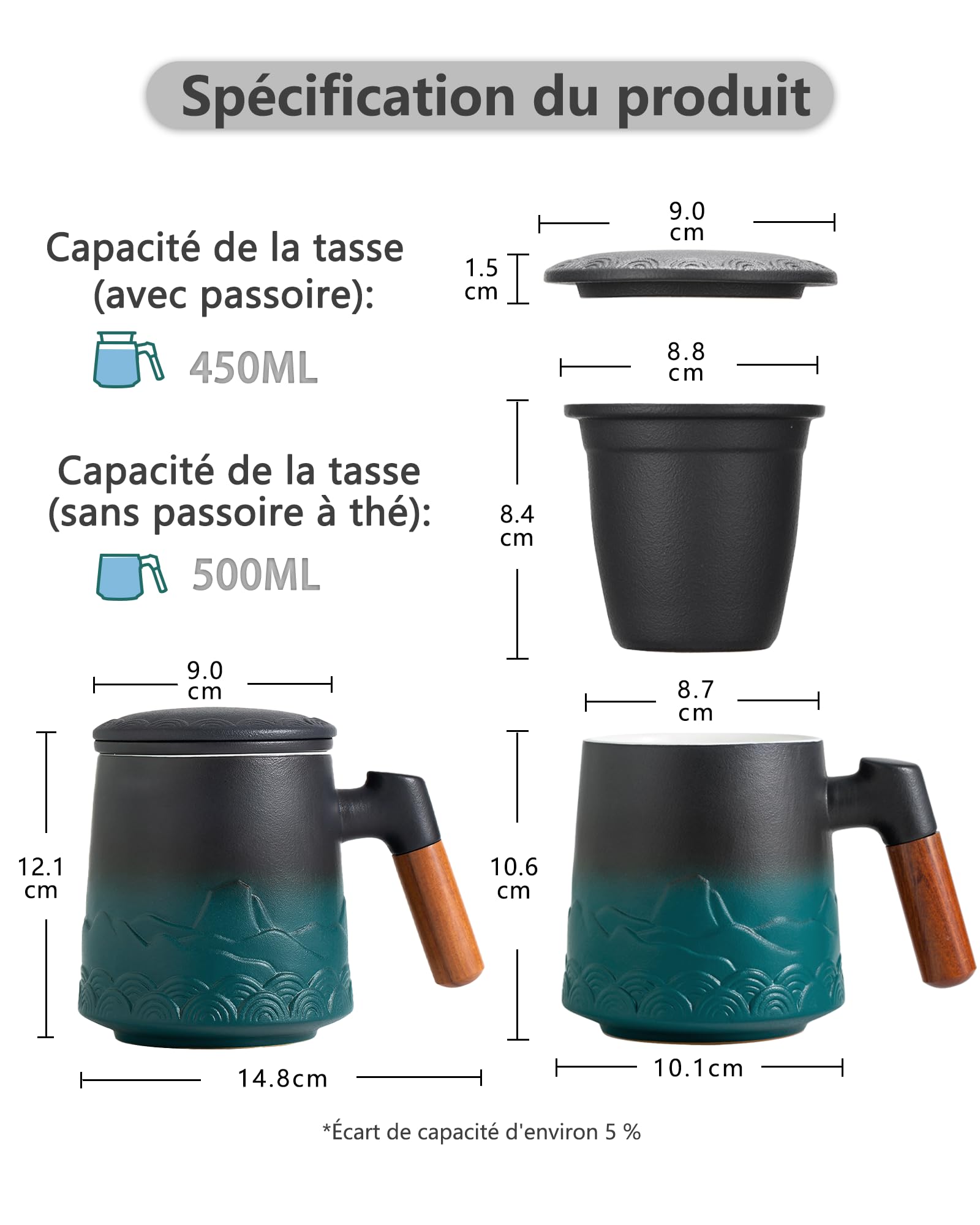 ZENS - Taza de té con infusor y tapa (500 ml), taza de cerámica con relieve para té de hojas con filtro fino, verde oscuro con mango de madera, difusor para té caliente