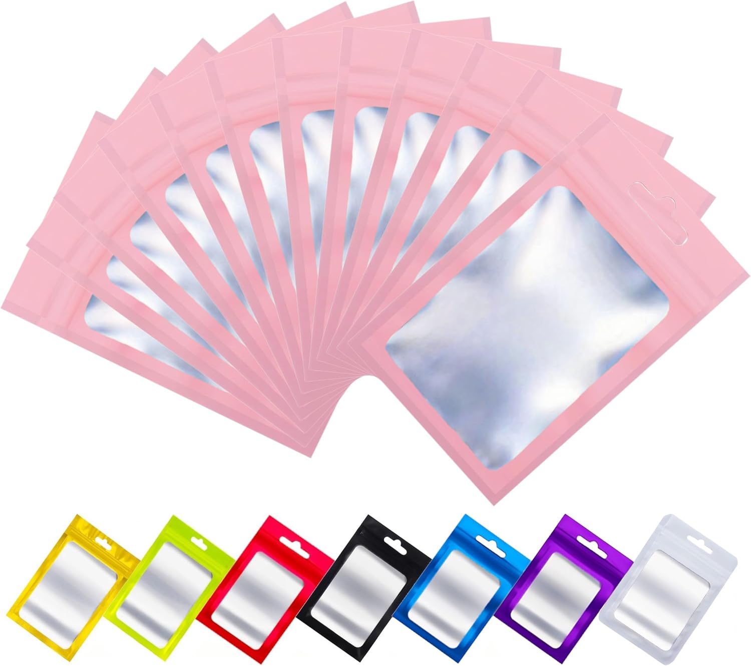 Rimiko 100pcs Small Ziplock Mylar Bags with Clear Window, Aluminum Foil Sample Bags, Resealable Pouch for Packaging and Food Storage (Pink, 3.1"x5.1")