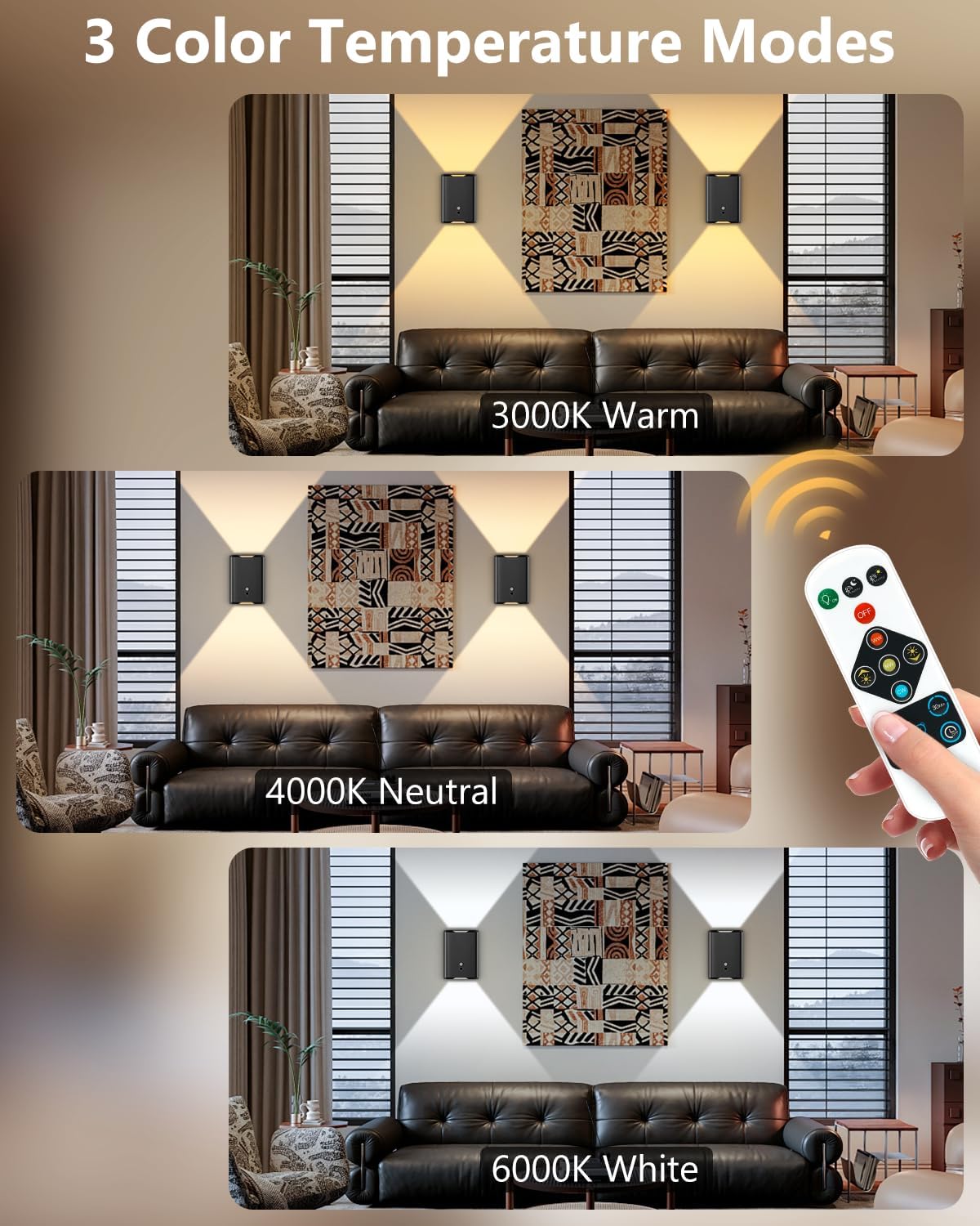 Rechargeable Motion Sensor Wall Sconce Set of 2 – 5000mAh Wireless Battery Operated Wall Light Indoor, 3 Colors Up/Down Lighting Magnetic Night Light with Remote Control for Bedroom, Hallway (Black)