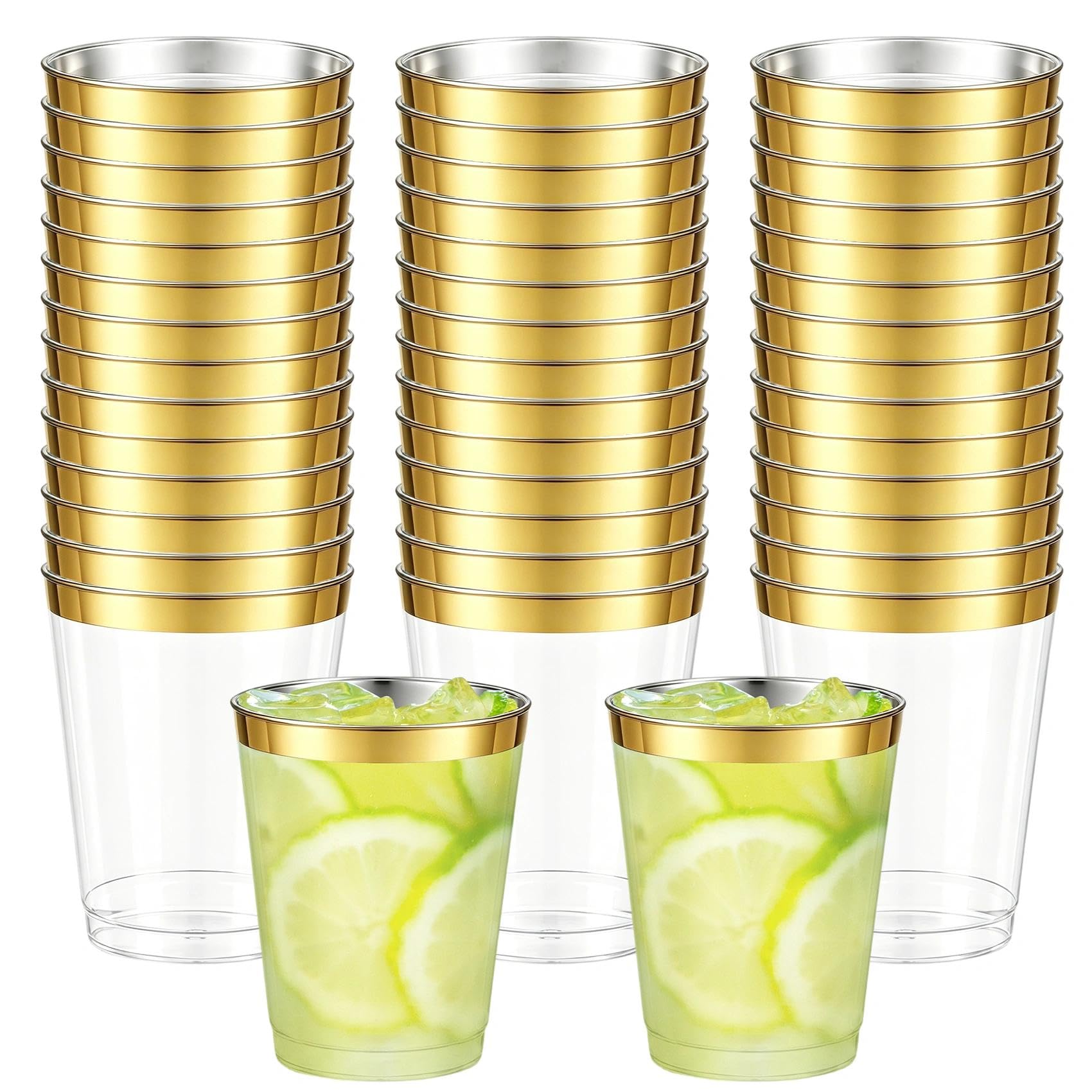 Leislam 50 Pack Premium Plastic Wine Glasses 300ml, Elegant Reusable Drinkware for Adults, Cocktail Cups, Clear Tumblers for Parties and Events (Gold)