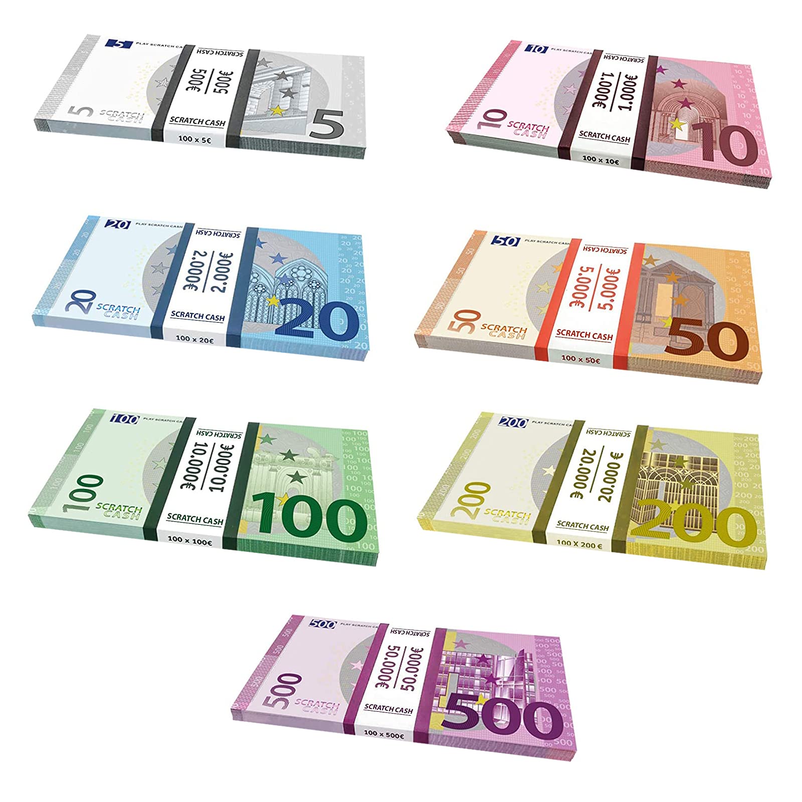 Faux Billets, Dollar Scratch Cash Mini Bundle Dollars Argent Pour Jouer (taille Réelle) 175 Billets - 7 Clubs De 25 X $ 1, 2, 5, 10, 20, 50 Et 100 Faux Billets Euro Reel