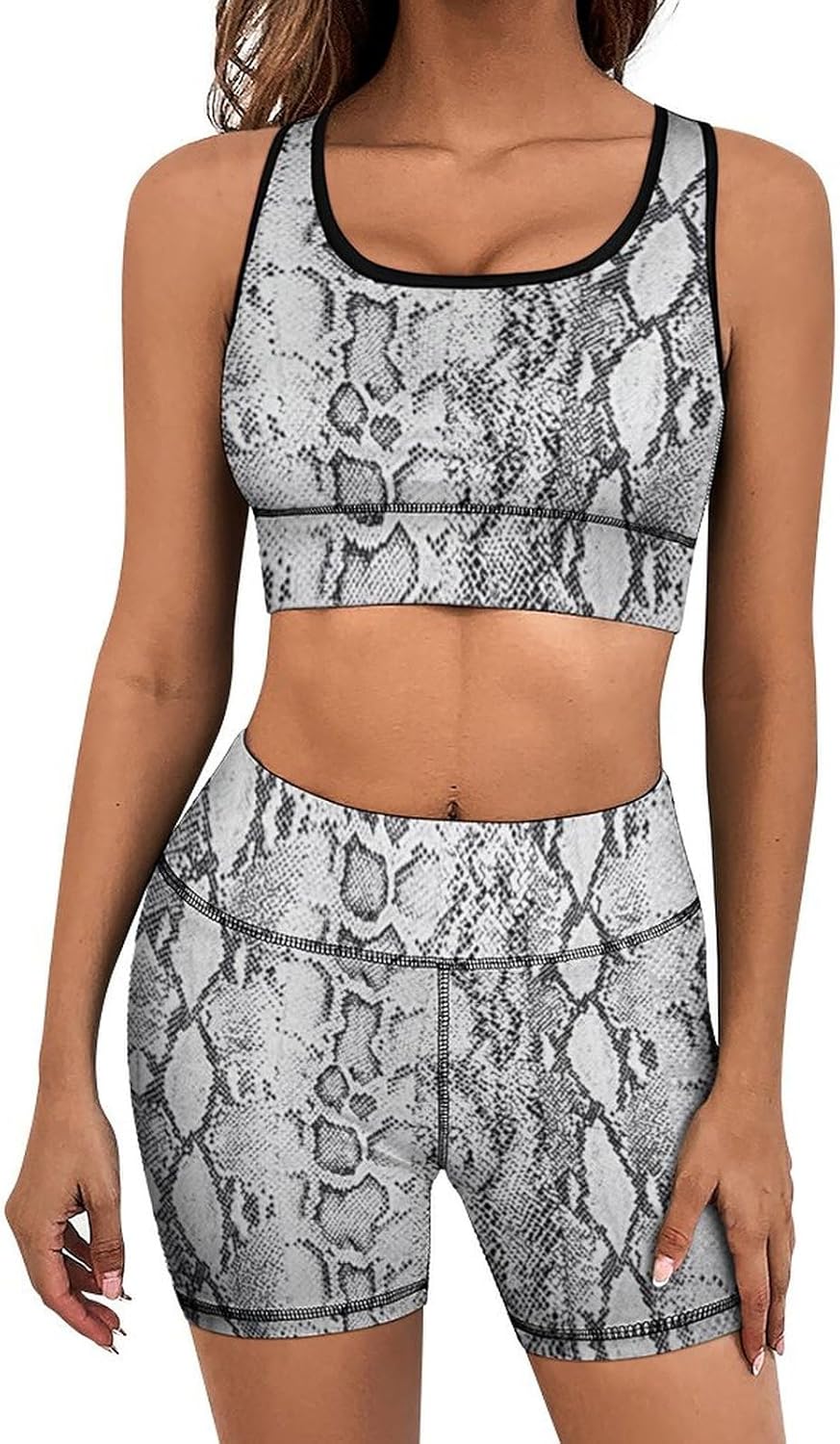 Snake Pattern Yoga Set Women Sexy Workout Sets High Waist Tummy Ribbed Bra Legging Elastic Gym Tank Shorts Tracksuit