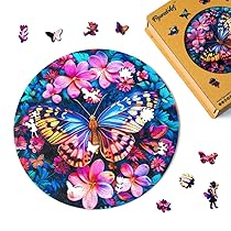 Figured’Art Puzzle in Legno di Animali per Adulti e Bambini, 200 Pezzi – Farfalla con Fiori – Design Originale 28,5×28,5 cm Forme Uniche, Confezione Premium in Legno, Idea regalo