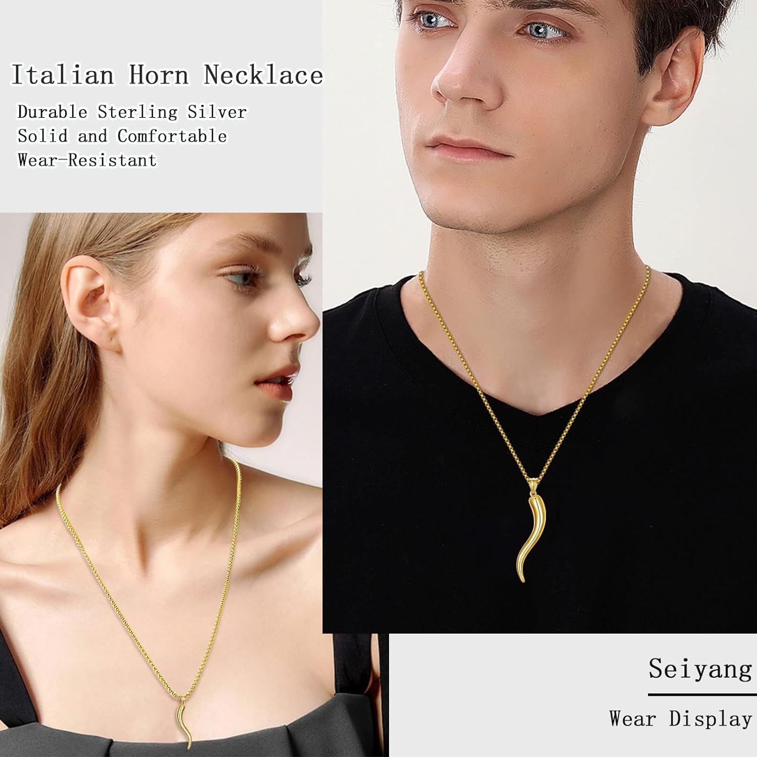 Seiyang Sterling Silver Italian Horn Necklace - Italian Amulet Pendant for Men & Women (with Gift Box)