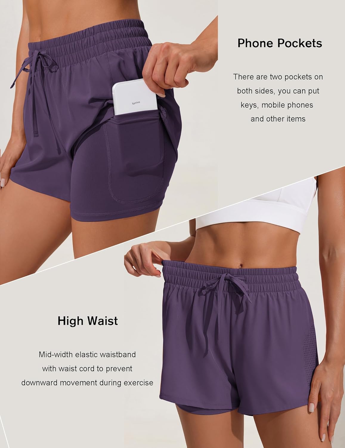 PINSPARK Women's 2 in 1 Running Shorts with Liner Pockets Quick Dry Athletic Workout Gym Shorts - Image 4